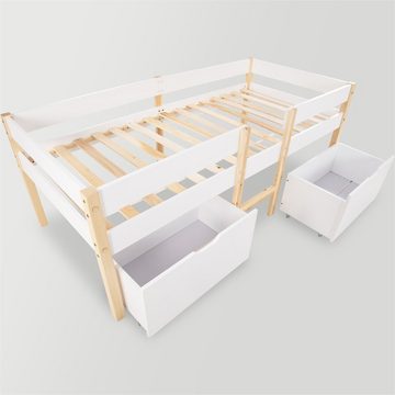 Kinderbettwäsche Bett Kinderbett Jugendbett mit Schublade Rausfallschutz, XDeer, Kiefer Vollholz 90x200 cm Weiß Eiche Naturholz Möbelstücks