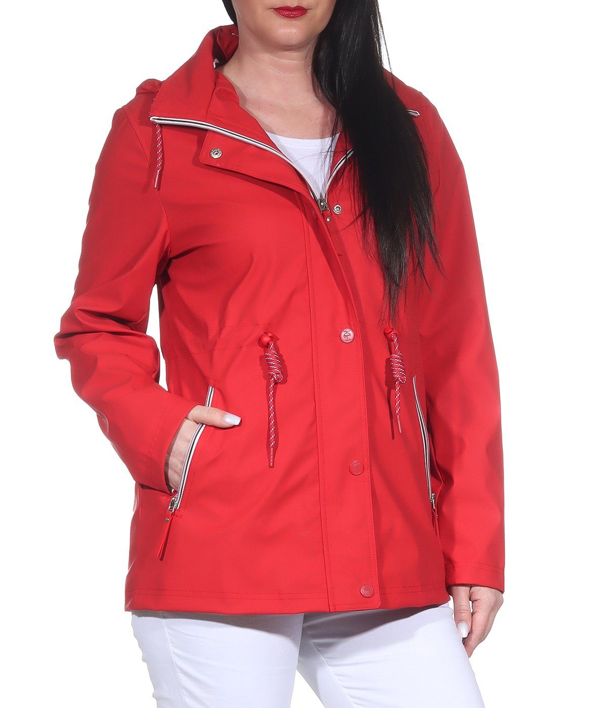 Größen erhältlich, Damen Rot Allwetterjacken in großen Aurela Regenjacken auch Outdoorjacken Regenjacke gummierte mit Regenjacke Kapuze, (1-St) Damenmode abnehmbarer