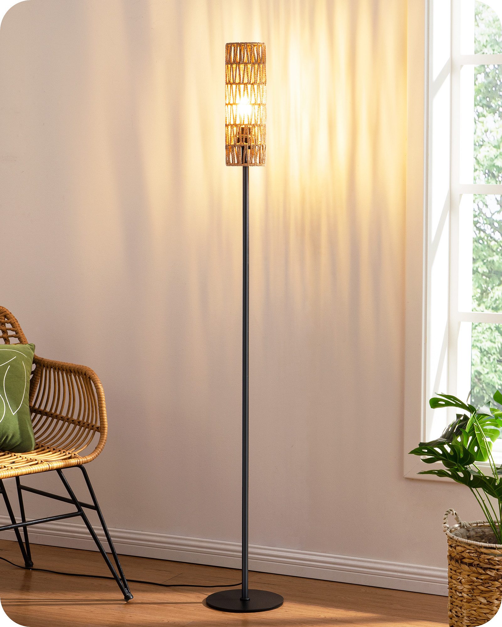 EDISHINE Stehlampe Wohnzimmer, LED wechselbar, warmweiß, Boho Stehlampe mit Lampenschirm aus gewebtem Seil