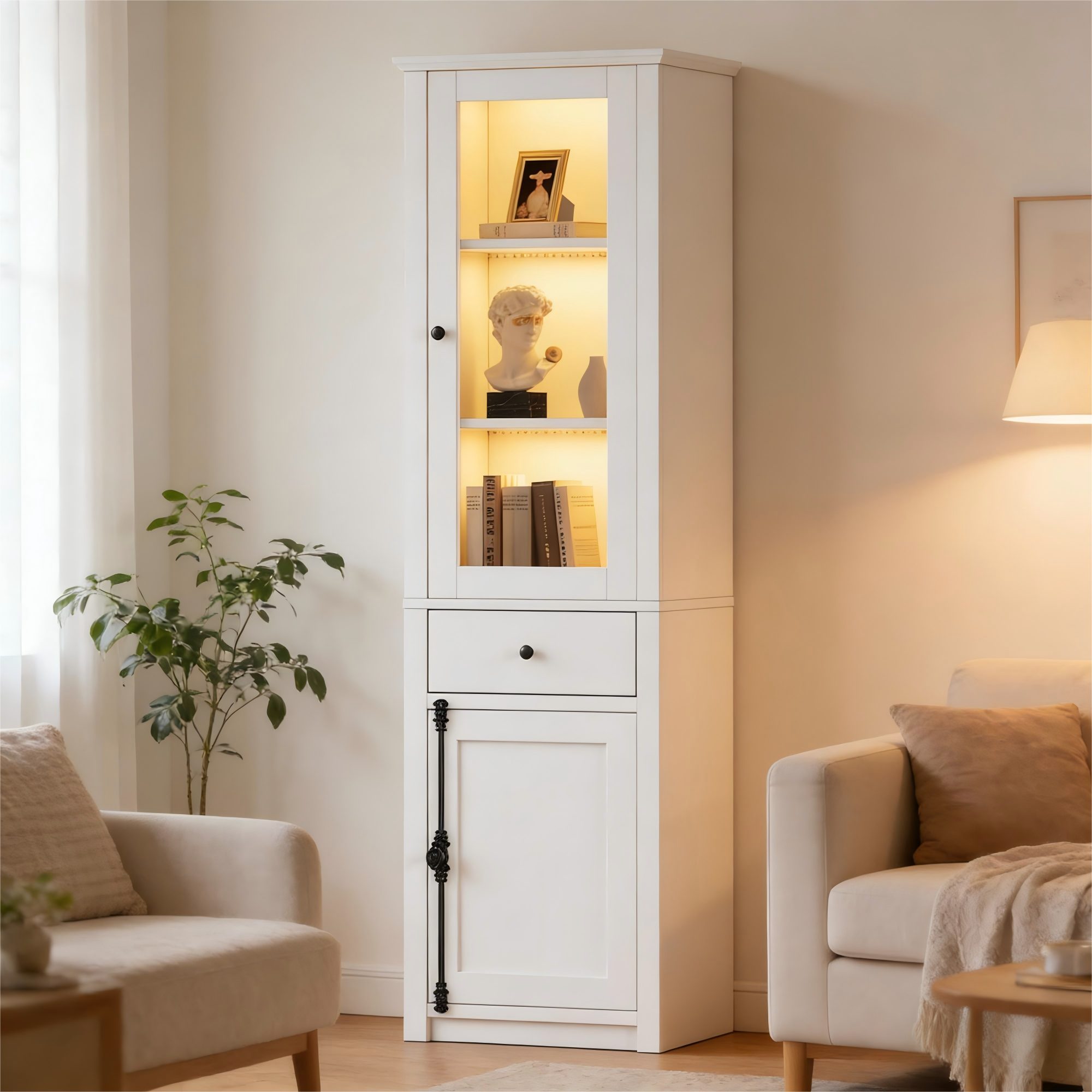 Merax Glasvitrine mit LED, Vitrine schmal Hochschrank (Wohnzimmerschrank, Bücherregal, Aufbewahrungsschrank, 1-St., 40x55x200cm) Standvitrine mit 3 Glasböden, 1 Glastüren, 1 Holztür und Schublade