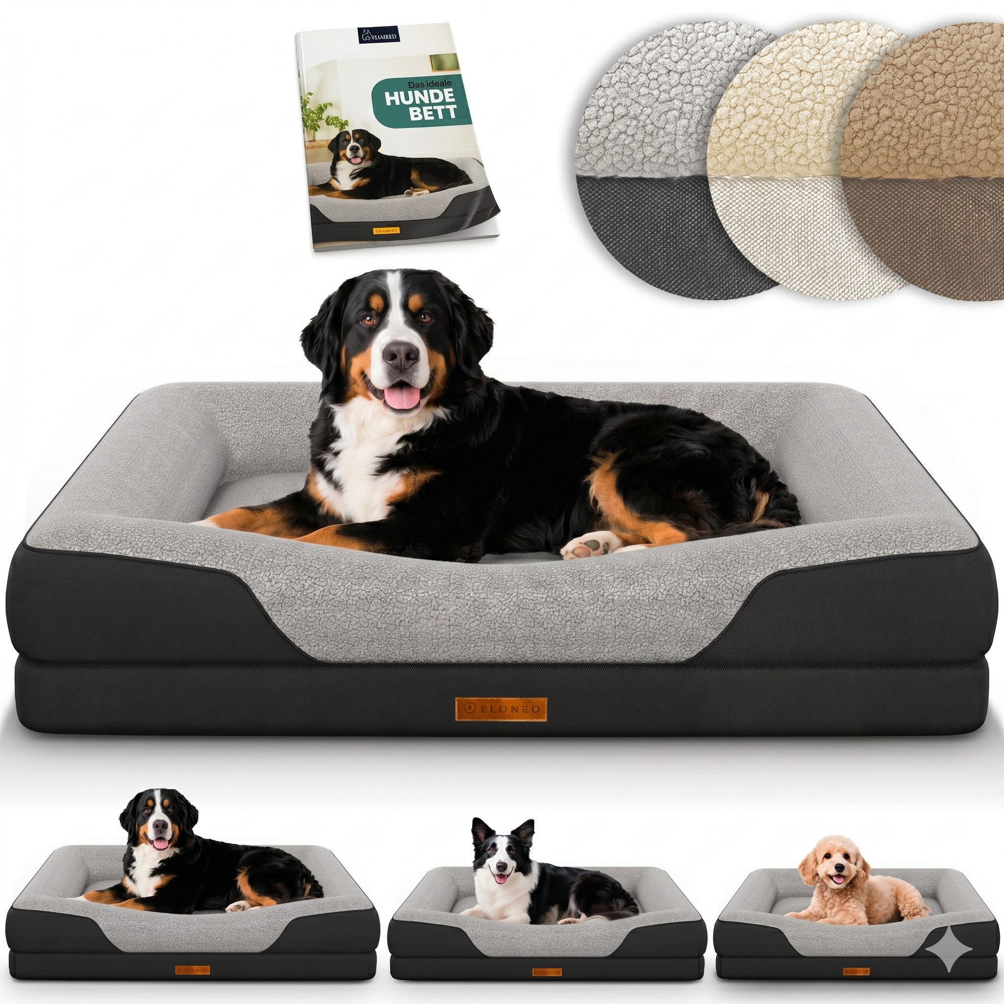 ELONEO Hundebett ELONEO - Orthopädisches Premium Hundebett, gelenkschonend, waschbar, Aus kuscheligem Sherpa-Fleece und strapazierfähigem Sofastoff