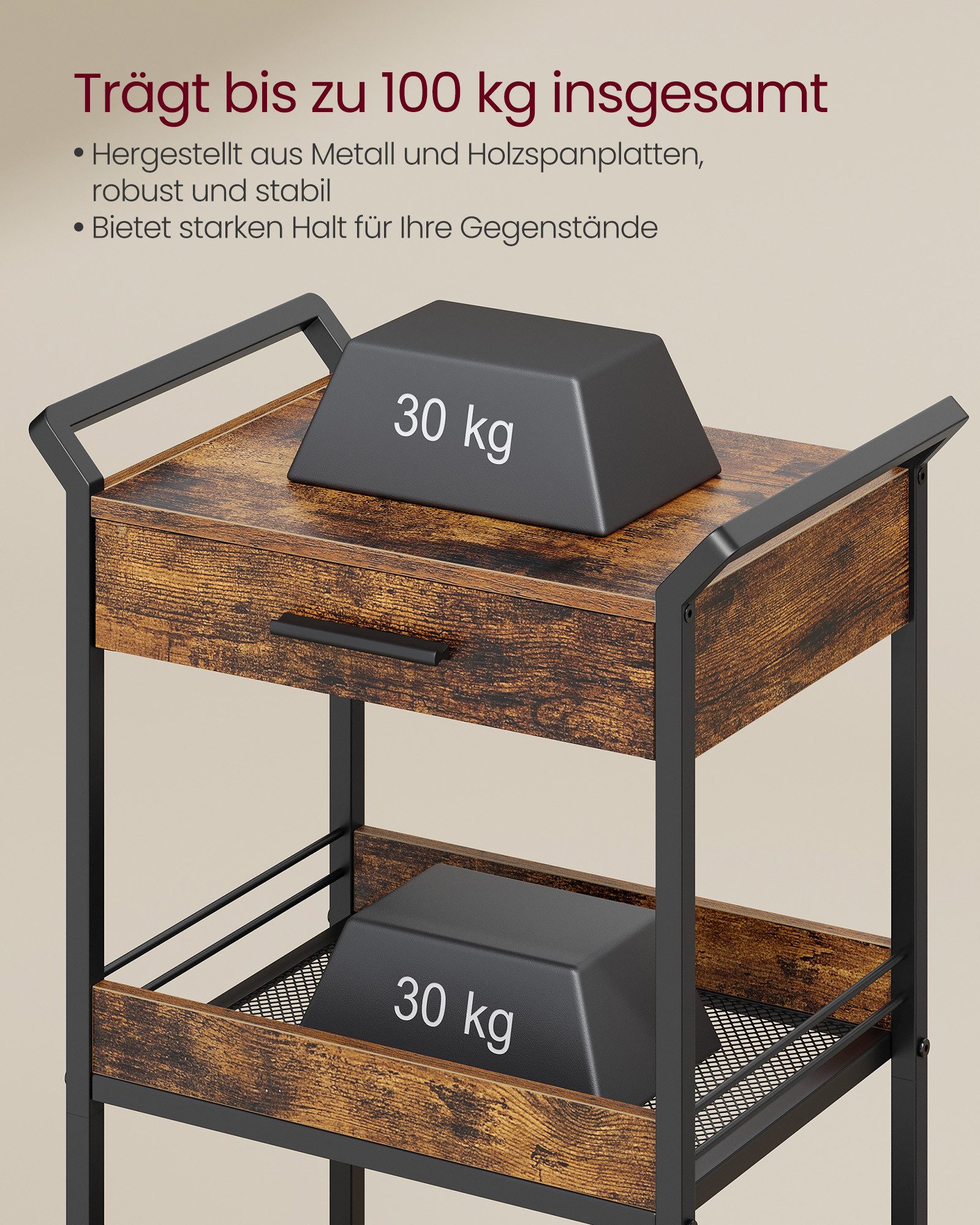 VASAGLE Servierwagen Küchenwagen, für Küche, Badezimmer, Schlafzimmer, 30 x 46,2 x 70,5 cm, 3 Ebenen, Bremsen, Holzspanplatte, obere Schublade, Aufbewahrungsregal
