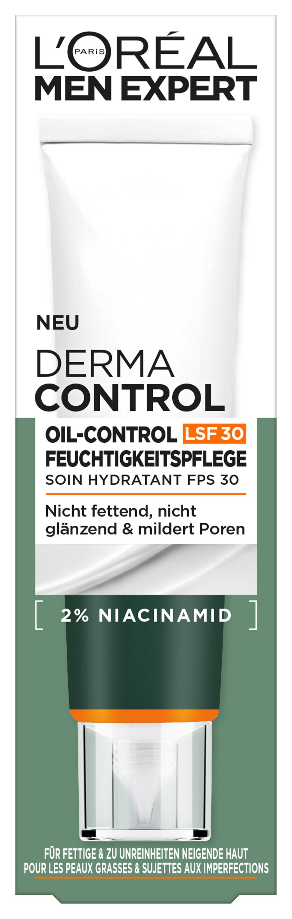 L'ORÉAL PARIS MEN EXPERT Hautcreme DERMA CONTROL OIL-CONTROL LSF30 FEUCHTIGKEITSPFLEGE, LSF 30, behandelt fettige und zu Unreinheiten neigende Haut.