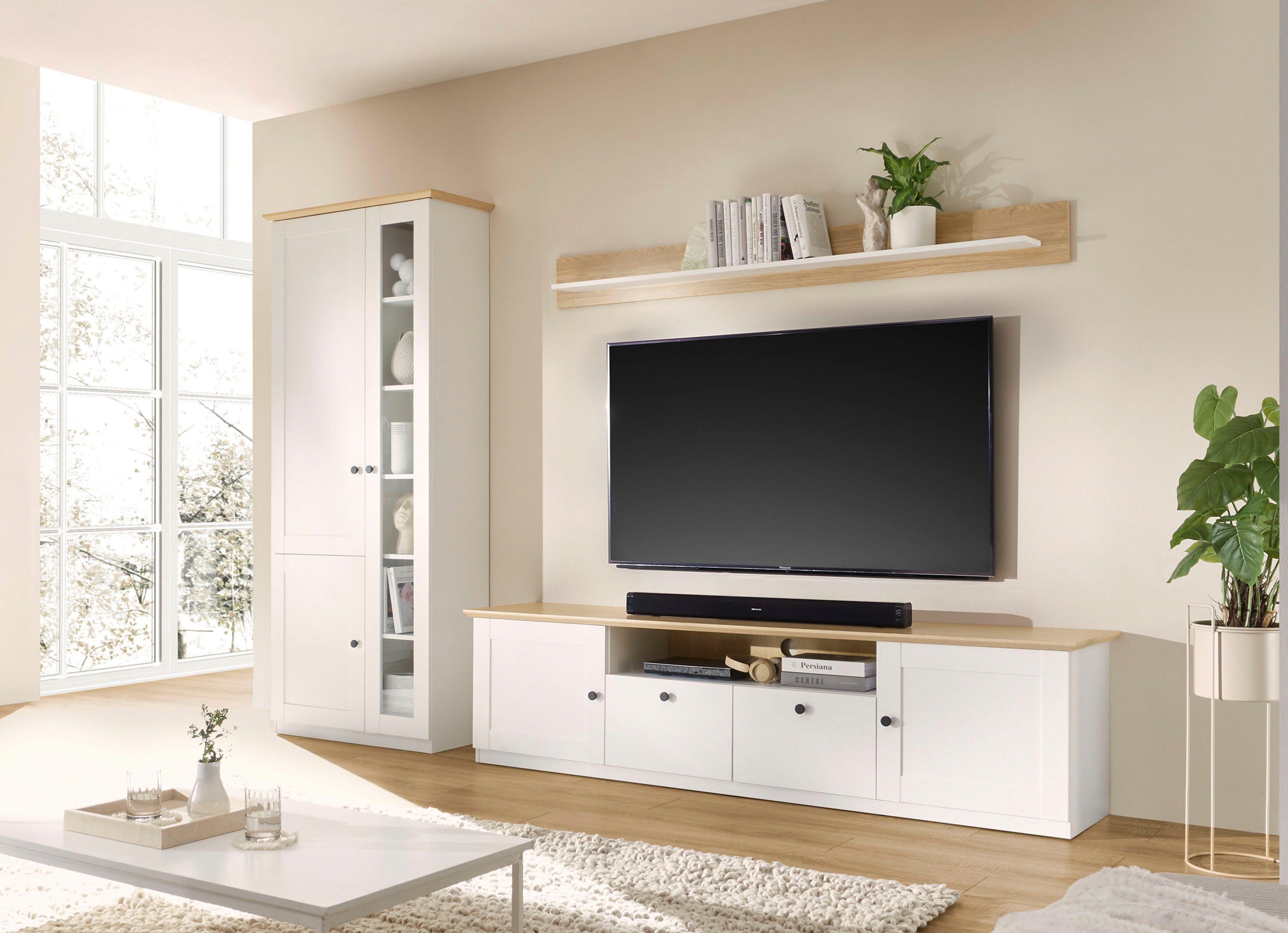 OTTO home Wohnwand Brest, Anbauwand im Landhausstil, Komplettset, Wohnzimmer-Set, (Set, 3-St), enthält Vitrine, Lowboard + Wandboard