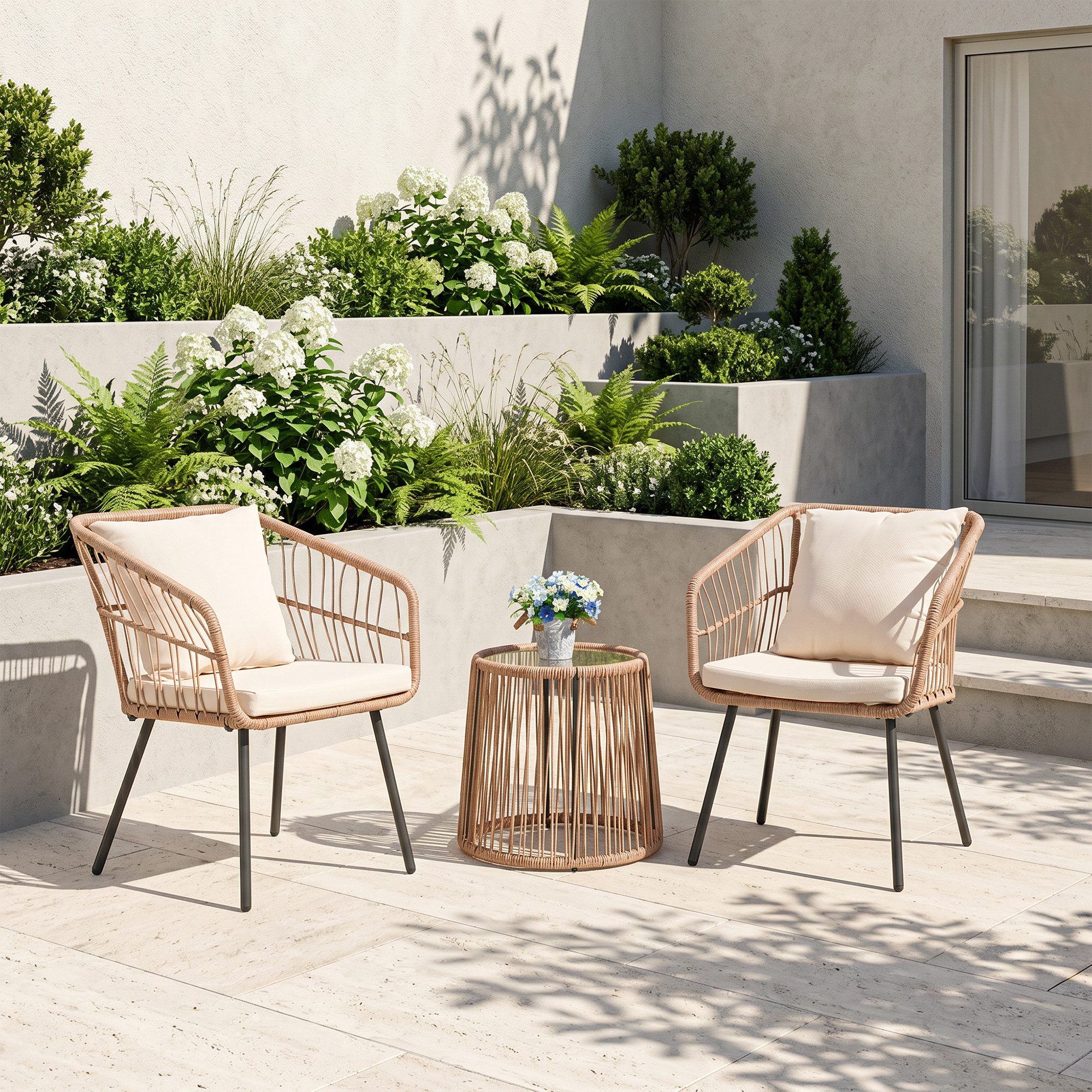 Sunsitt Balkonset Outdoor 3-tlg Balkon Set, Bistro Set, Rattan Gartenmöbel mit Kissen, (Couchtisch mit Glastischplatte), Sitzgruppe für Garten, Balkon, Hinterhof, Natur