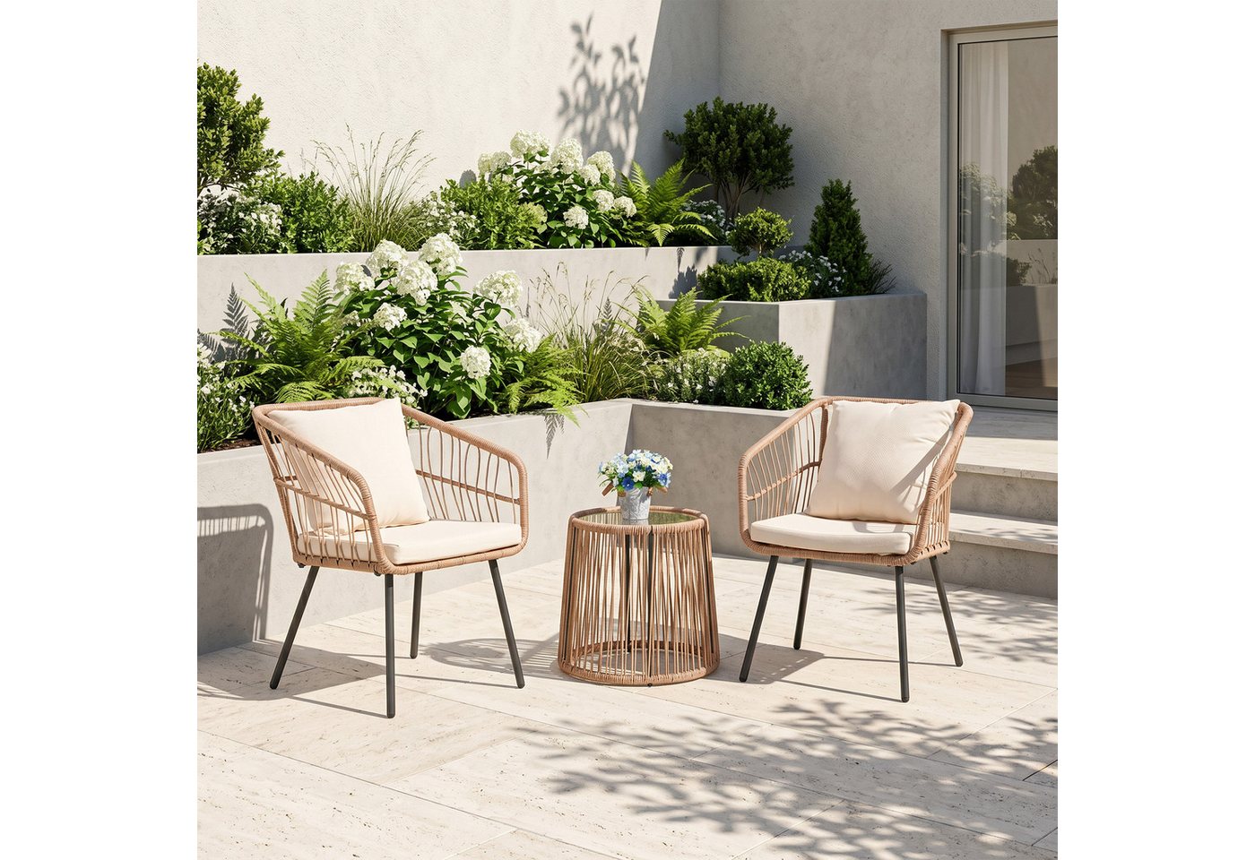 Sunsitt Balkonset Outdoor 3-tlg Balkon Set, Bistro Set, Rattan Gartenmöbel mit Kissen, (Couchtisch mit Glastischplatte), Sitzgruppe für Garten, Balkon, Hinterhof, Natur