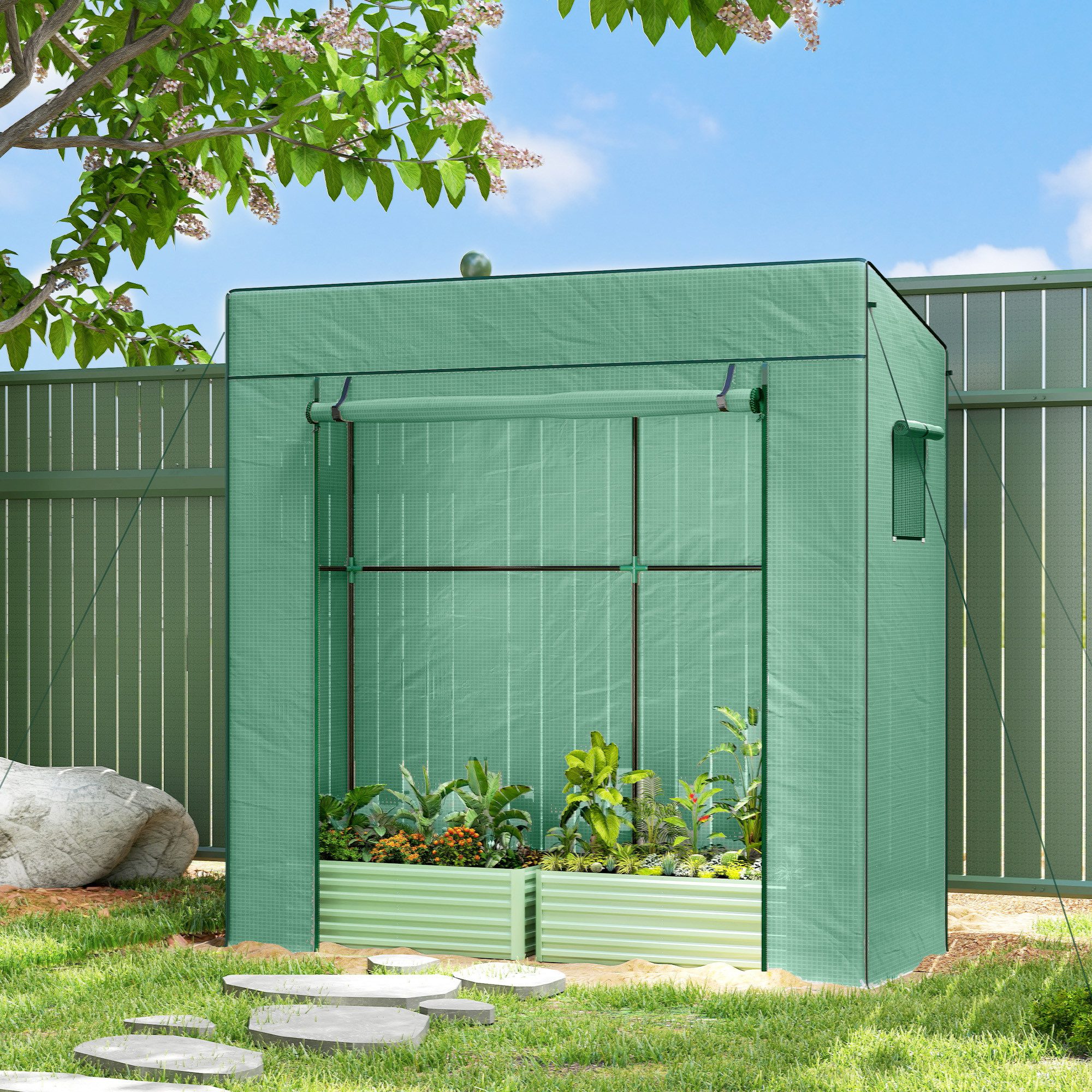 Outsunny Foliengewächshaus Rolltor Netzfenster Schrägdach Stabil mit PE-Folie Erdhaken, BxTxH: 77 x 196 x 197 cm, BxLxH: 77 x 196 x 197 cm, 0 mm Wandstärke, Tomatengewächshaus 1-St., Gewächshaus, für Garten, Balkon, Terrasse Grün