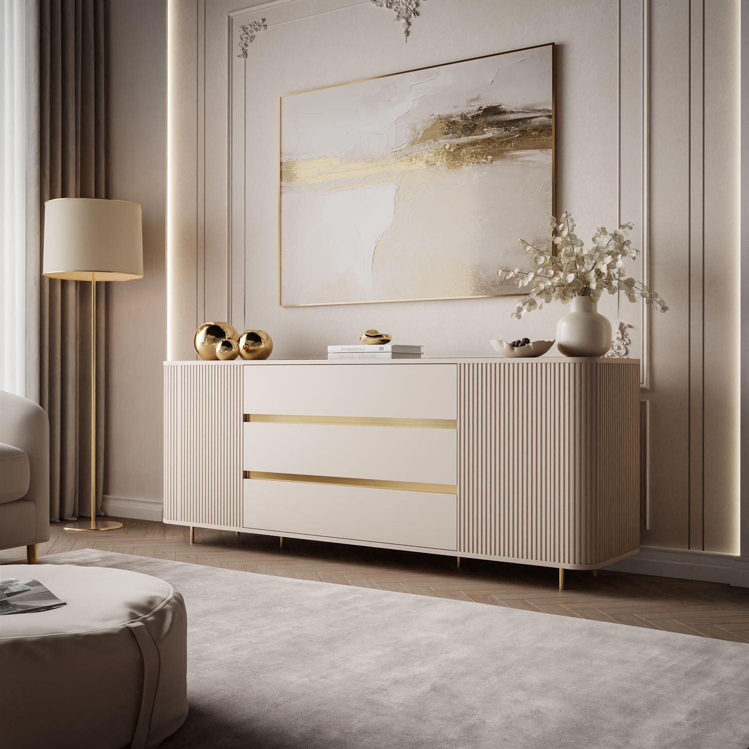 ALLHOUSE24 Kommode MIRACLE Sideboard Sandbeige mit Rillenfronten und abgerundeten Seiten (1x Kommode), Breite 180 cm