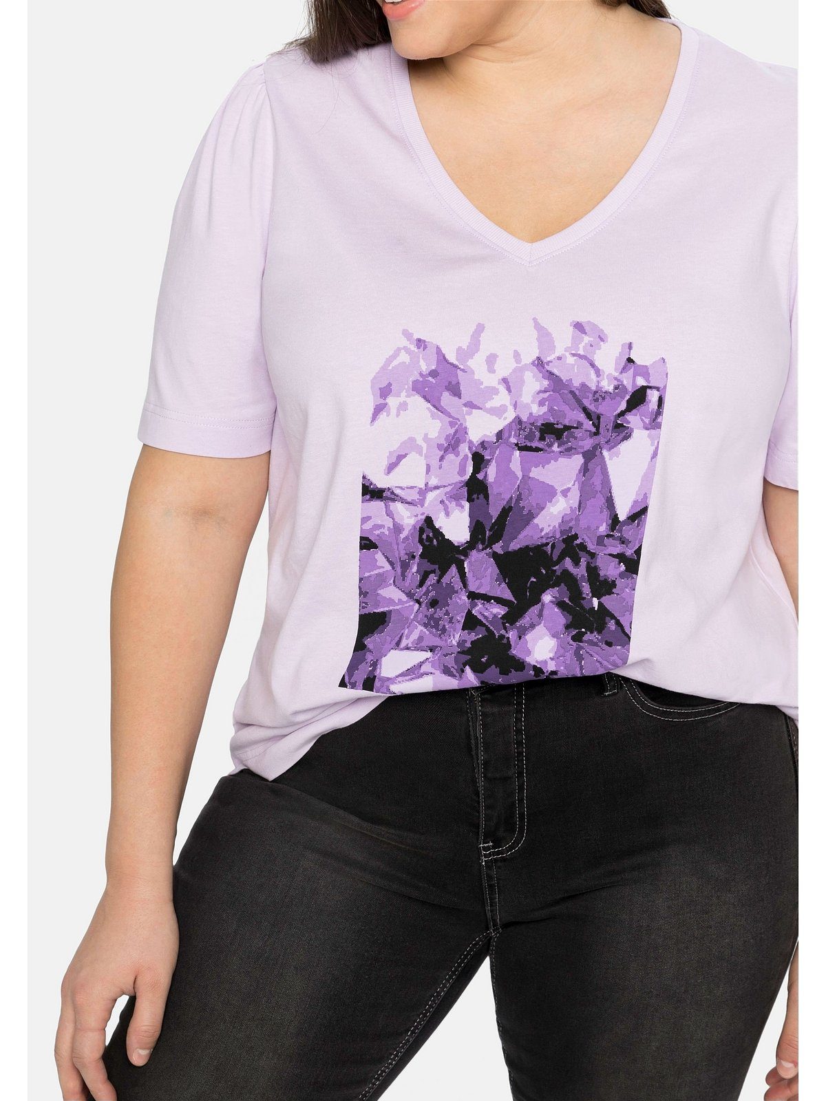 Frontdruck lavendel Baumwolle Große Größen T-Shirt mit aus Sheego