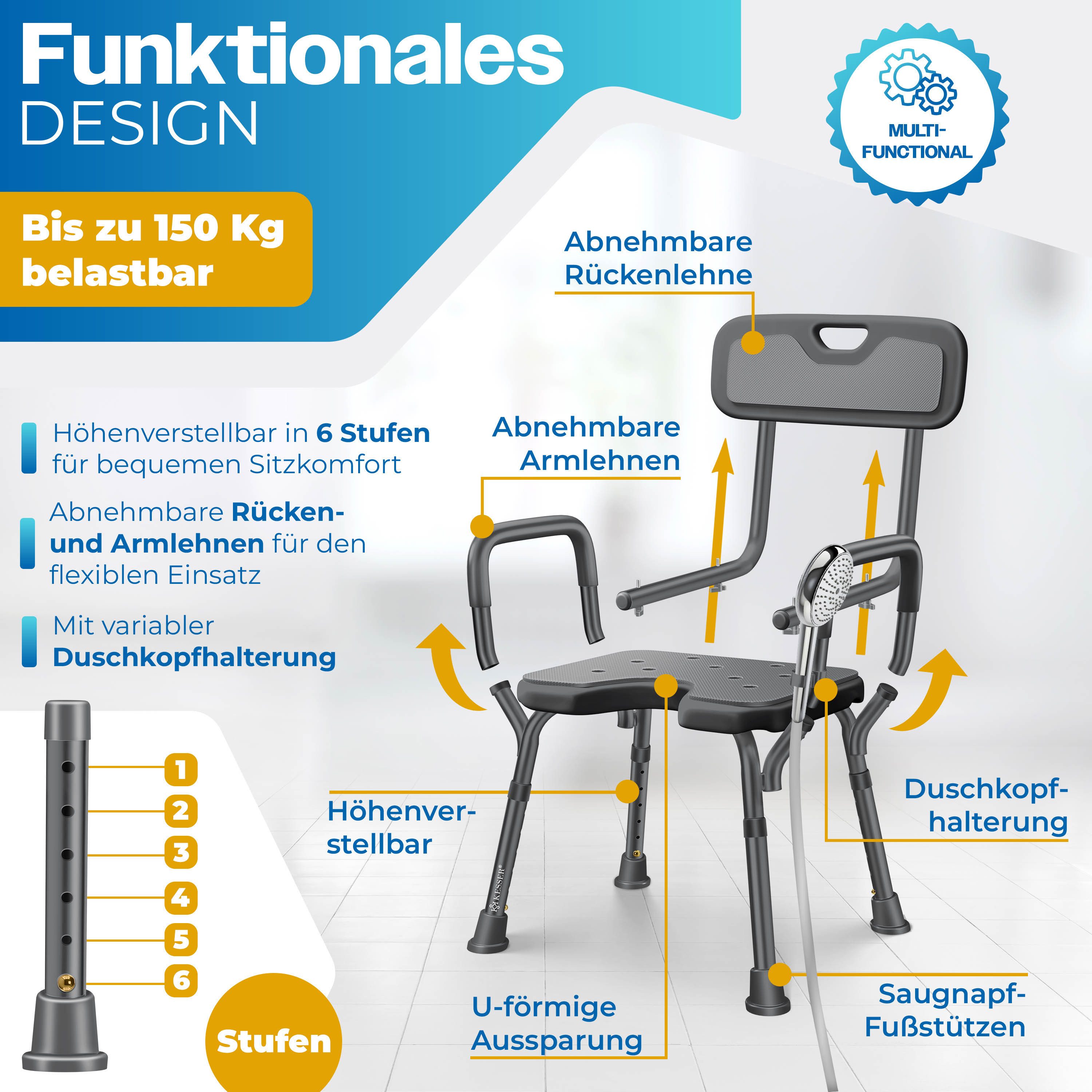 KESSER Badhocker Duschhocker mit Lehne höhenverstellbar in 6 Stufen 38-54cm (Duschstuhl mit Brausehalterung, Anti-Rutsch Füße & Matten), Duschsitz 150KG belastb – Bild 4 von 5