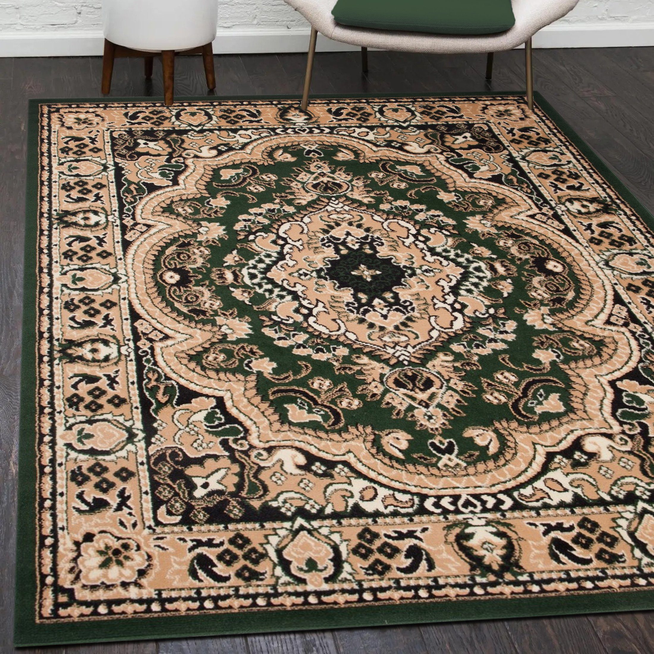 Orientteppich Orientalisch Vintage Teppich Kurzflor Wohnzimmerteppich Grün, Mazovia, 80 x 150 cm, Fußbodenheizung, Allergiker geeignet, Farbecht, Pflegeleicht Grün / E951A-GREEN