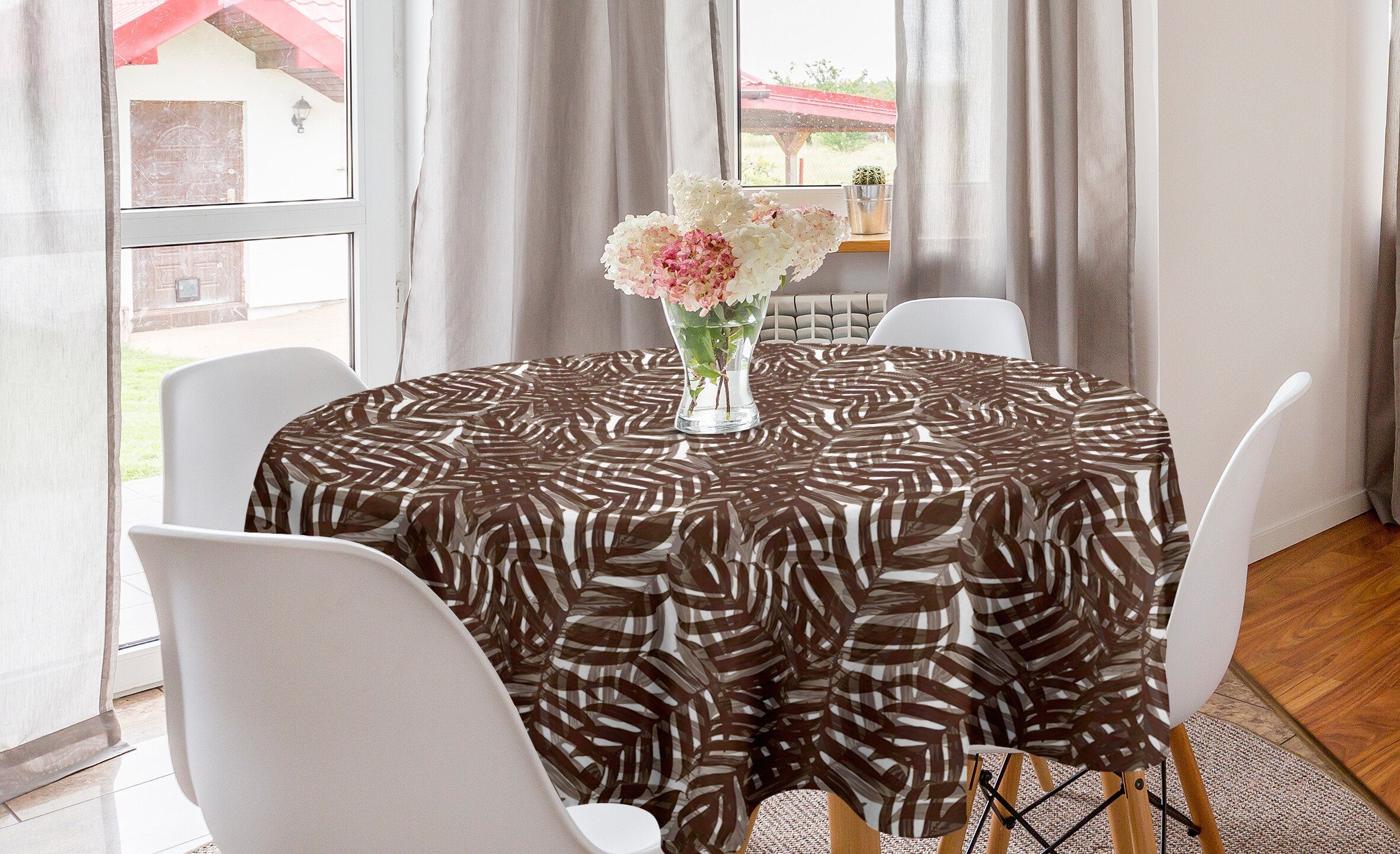 Abakuhaus Tischdecke Kreis Tischdecke Abdeckung für Esszimmer Küche Dekoration, Tropisch Brown Exotische Blätter Motiv
