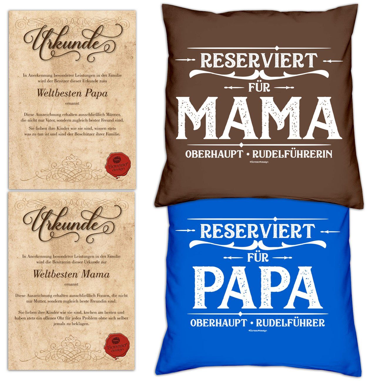 Soreso® Dekokissen Kissen-Set Reserviert für Papa Reserviert für Mama mit Urkunden, Geschenk Mama & Papa Geschenke Mitbringsel braun