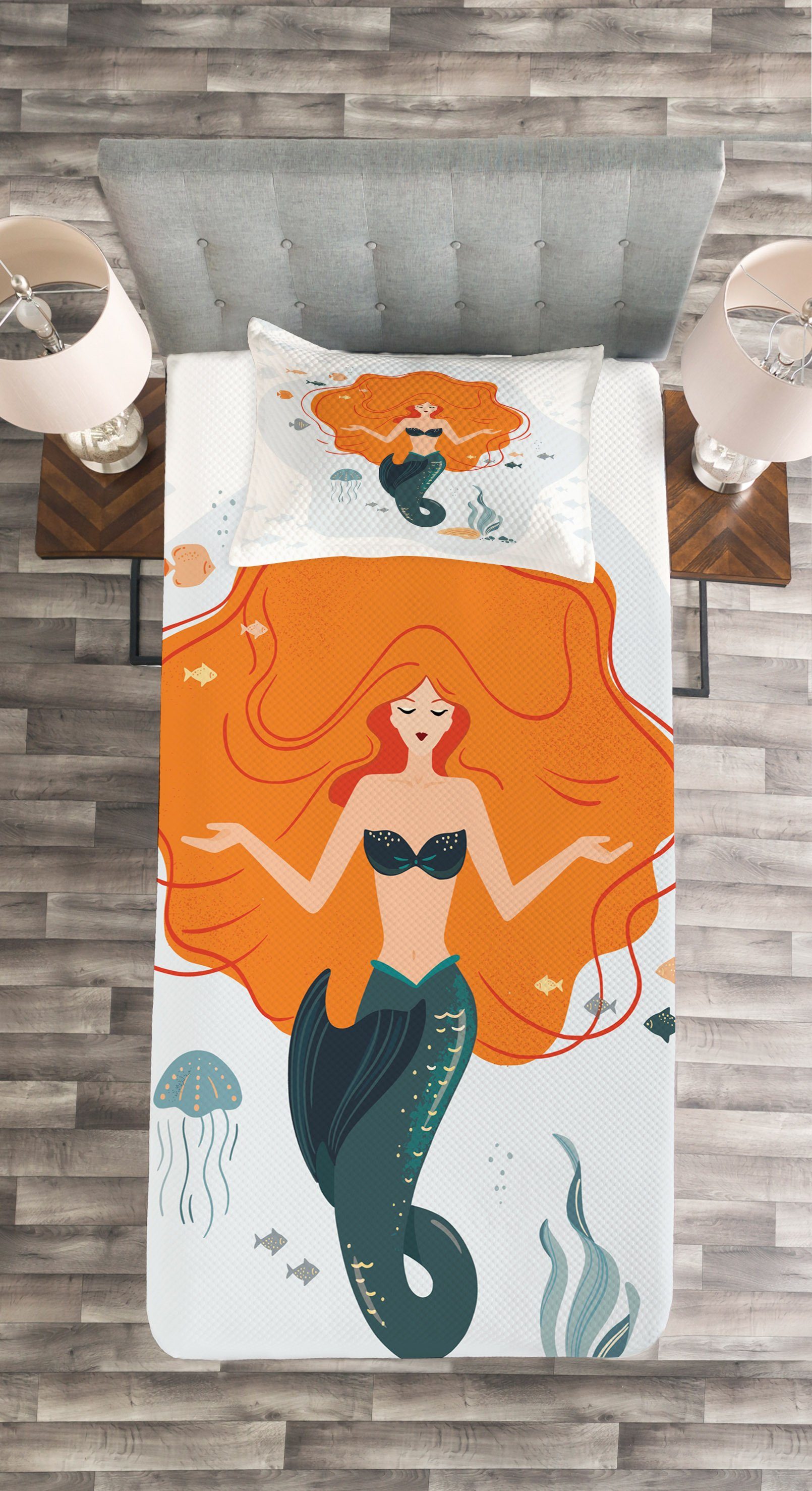 Meerjungfrau Waschbar, Tagesdecke Cartoon Abakuhaus, Kissenbezügen Unterwasser-Frau mit Set