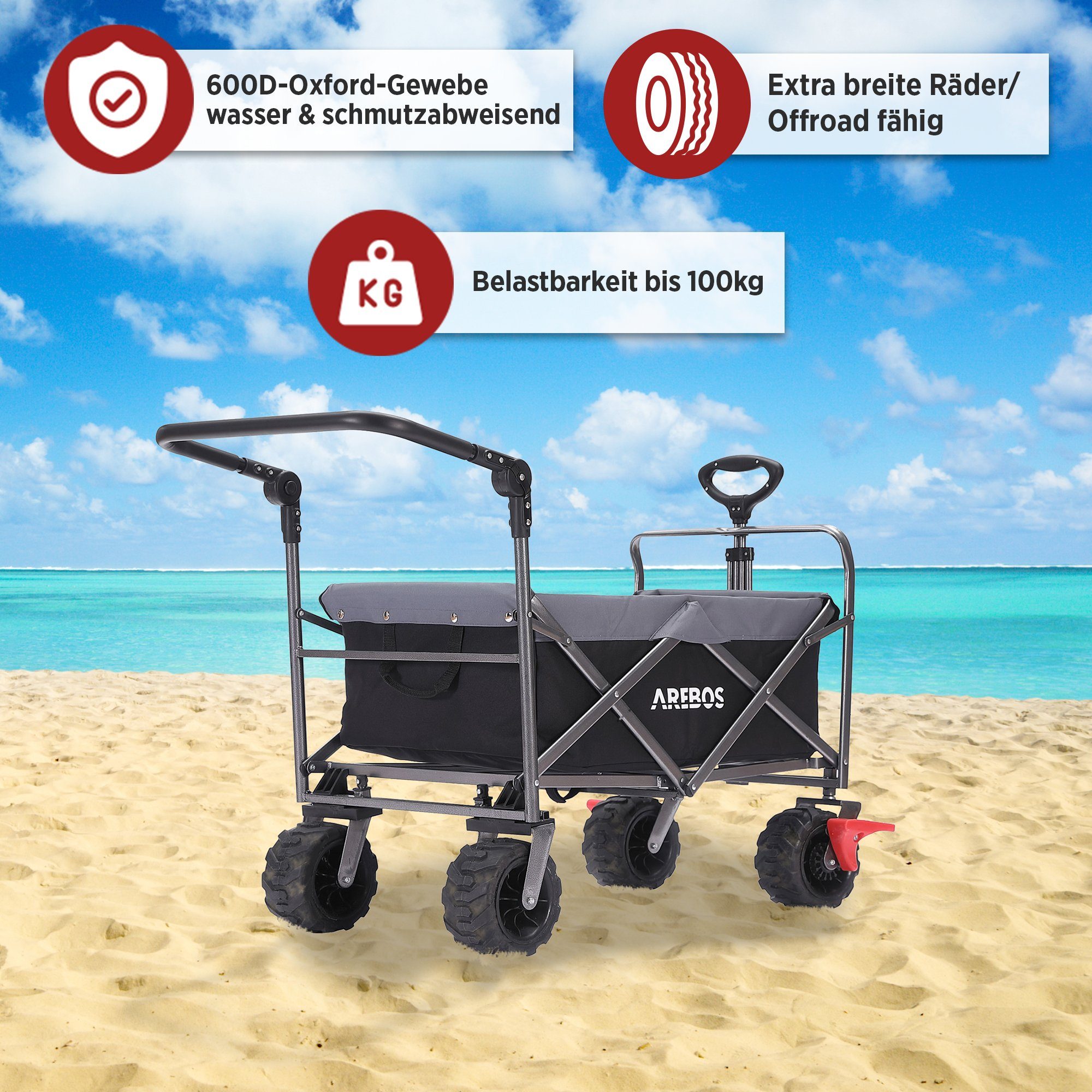 Arebos Bollerwagen Faltbarer Handwagen mit Dach – Transportkarre für Garten & Freizeit, PU-Räder und verstellbaren Griff – Bild 4 von 5