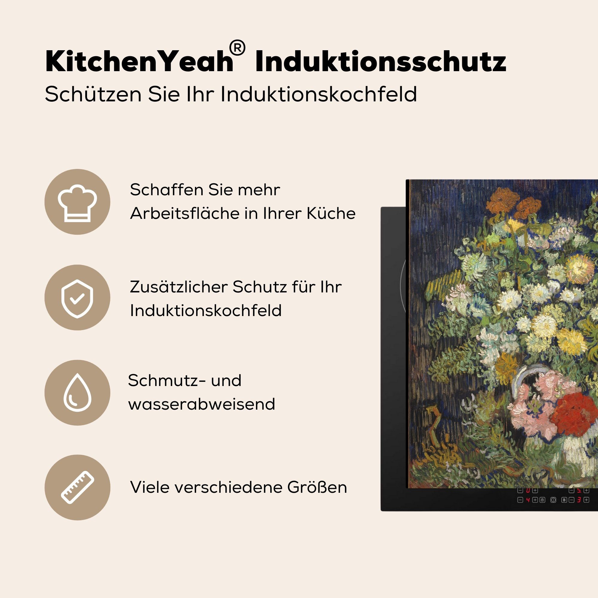 MuchoWow Herdblende-/Abdeckplatte Ceranfeldabdeckung, Gogh, Vinyl, 78x78 in - cm, van für Blumenstrauß Vase Vincent tlg), küche Arbeitsplatte einer (1