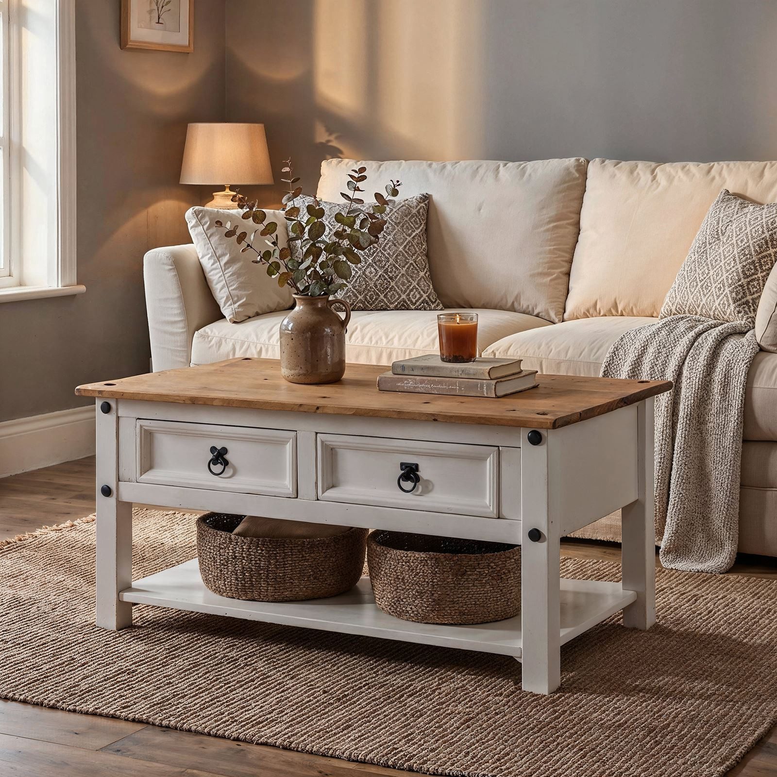 CARO-Möbel Couchtisch CAMPO, Sofatisch aus Kiefer Massivholz mit 2 Schubladen im Mexico-Stil weiß