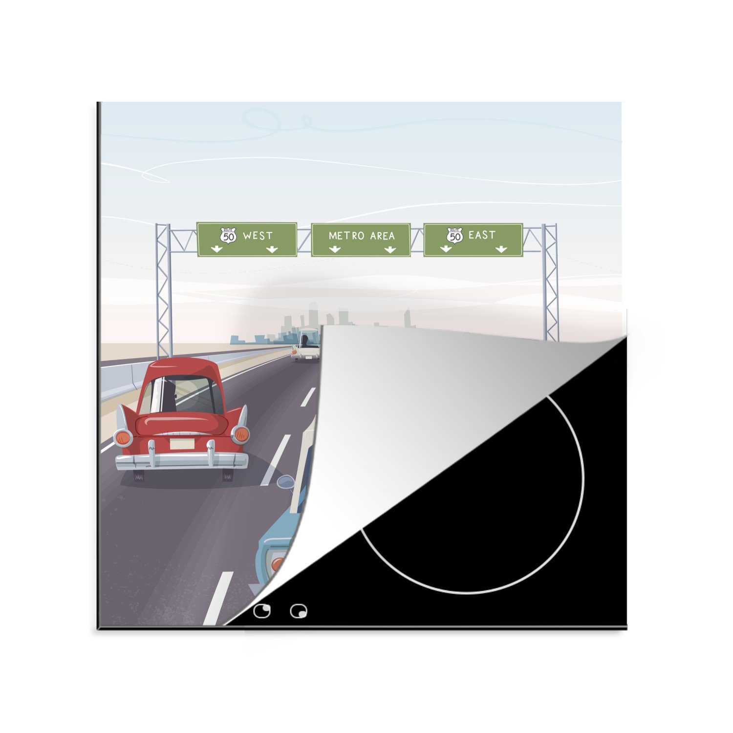 MuchoWow Herdblende-/Abdeckplatte Illustration von amerikanischen Autos auf einem Highway, Vinyl, (1 tlg), 78x78 cm, Ceranfeldabdeckung, Arbeitsplatte für küche