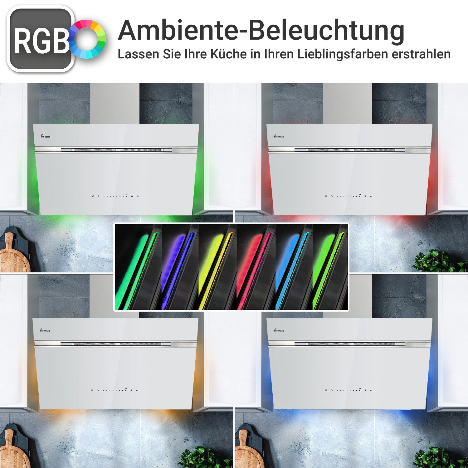 KKT KOLBE Wandhaube Dunstabzugshaube 90cm AURORA9005WED RGBW Ambientebeleuchtung Dunstabzugshaube 90cm AURORA9005WED RGBW Ambientebeleuchtung, Kopffreihaube / Umluft / Abluft / Smart WiFi-App / Weiß / Glas
