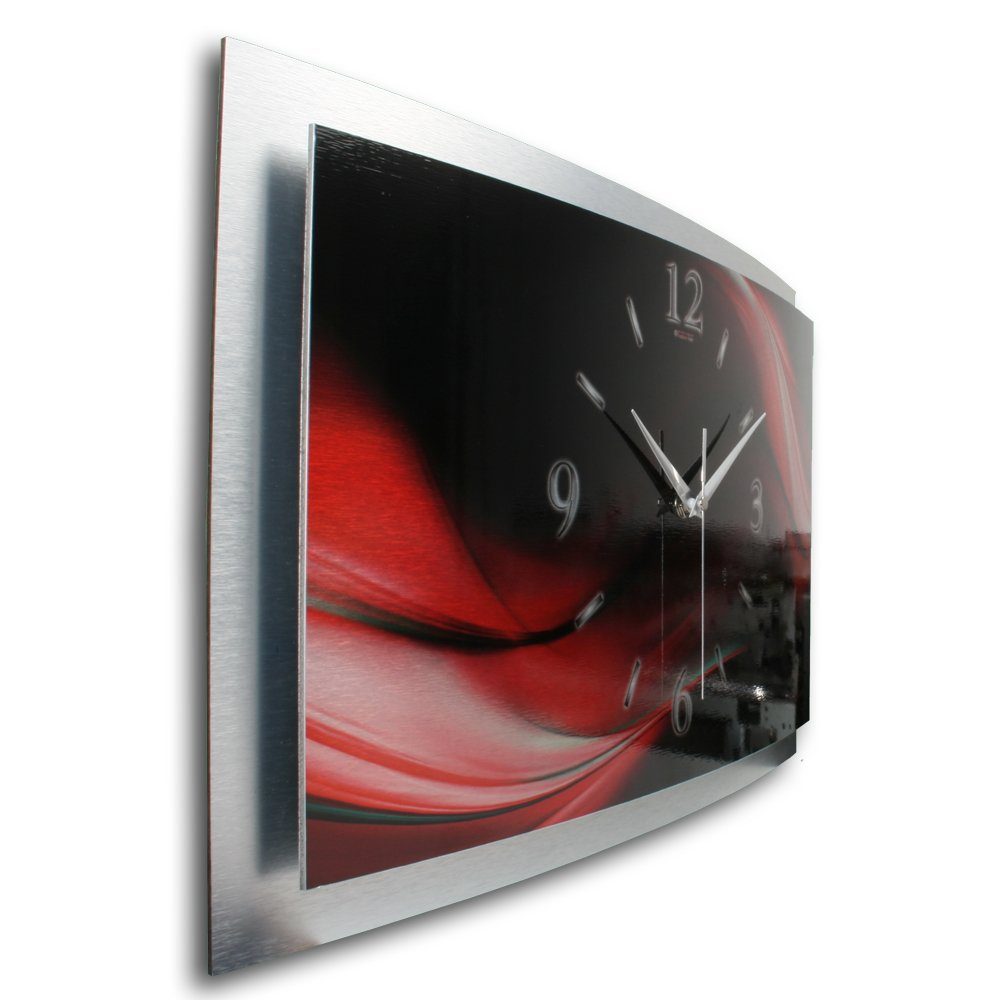 Kreative Feder Funkwanduhr 3D Designer-Wanduhr „Red Wave" aus gebürstetem Aluminium (3D-Wölbung; einzigartiges Zwei-Platten-Design; flüsterleises Uhrwerk)