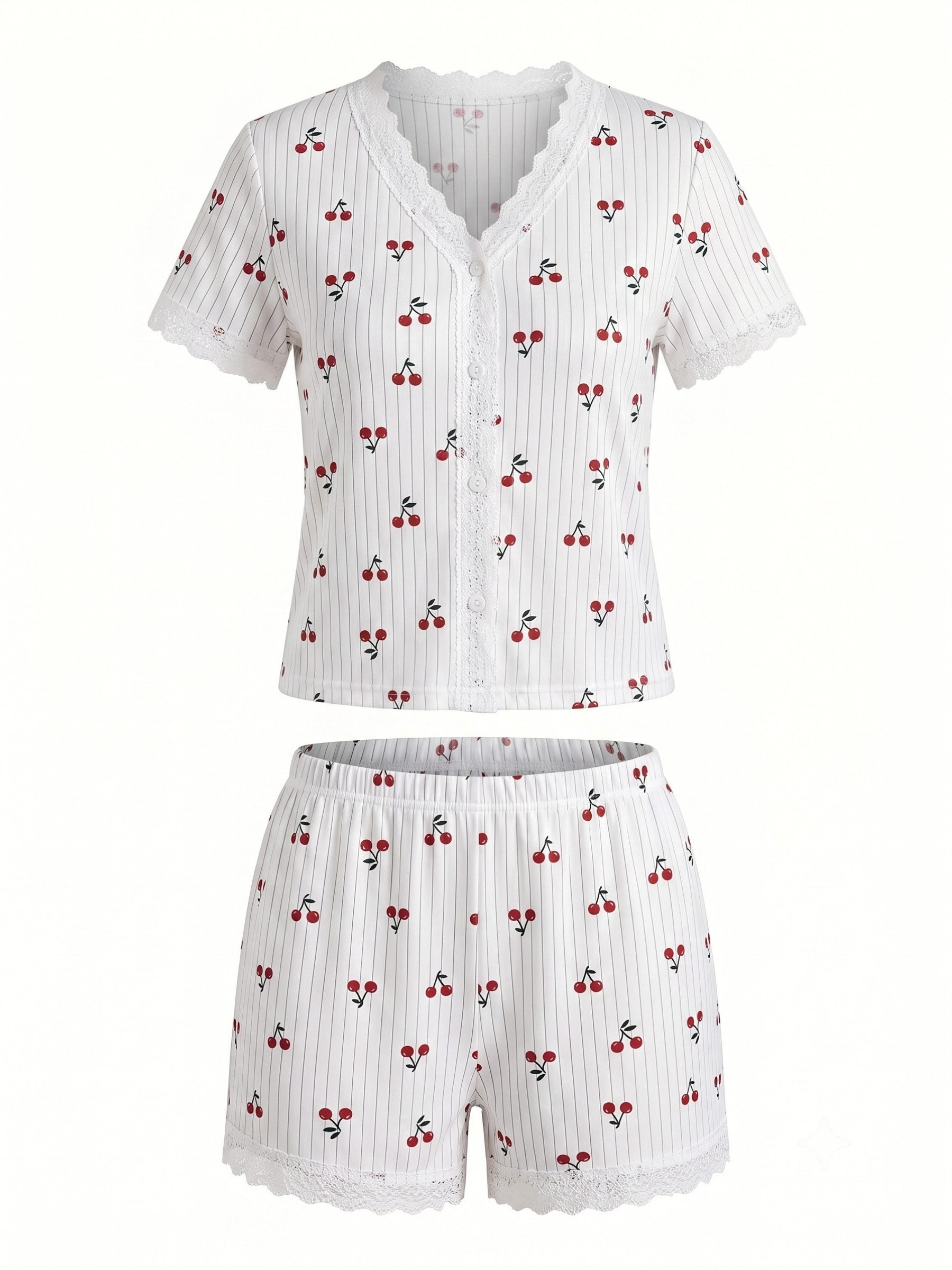 Elegant Love Shorty Damen Nachtwäsche- & Loungewear-Set mit Shirt und Shorts (Set, 2 tlg., Kurzarmoberteil und Schlafshorts) Kurzes Pyjama-Set mit Kirschprint,  – Bild 2 von 5