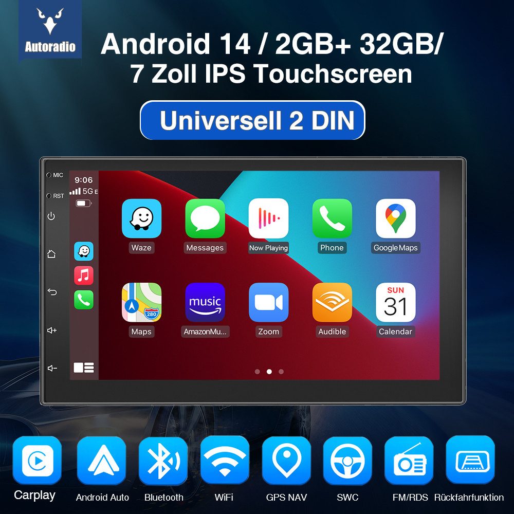 ESSGOO 7 Zoll Doppel 2 DIN Android 14 4+64G Autoradio (Digitalradio (DAB), FM, RDS, FM RDS Bluetooth EQ USB Apple Carplay Android Auto GPS Navi WIFI) – Bild 2 von 5