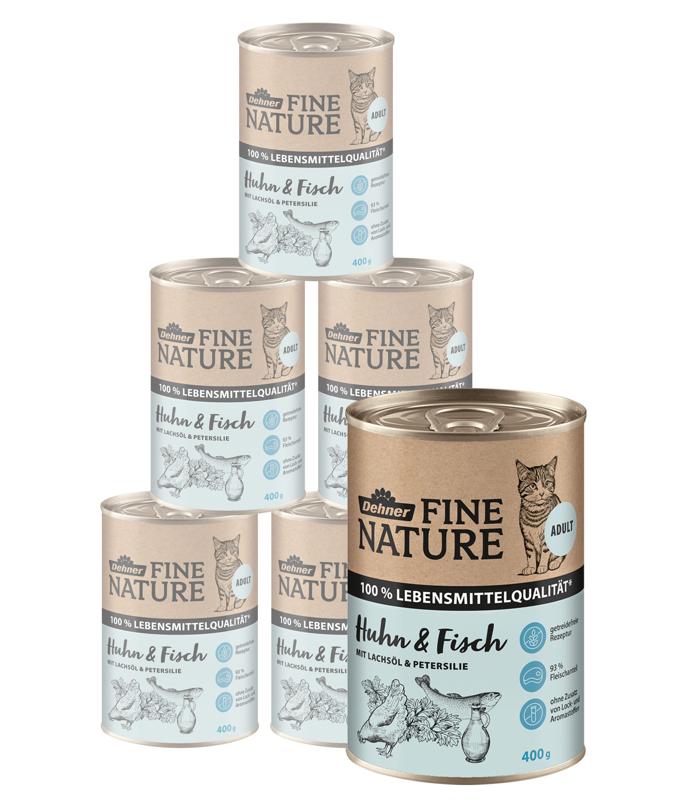 Dehner Fine Nature Adult Huhn / Fisch mit Lachsöl, 6 x 200 g / 400 g Dose Huhn, Nassfutter für: Katze, Nassfutter für ausgewachsene Katzen, getreidefrei