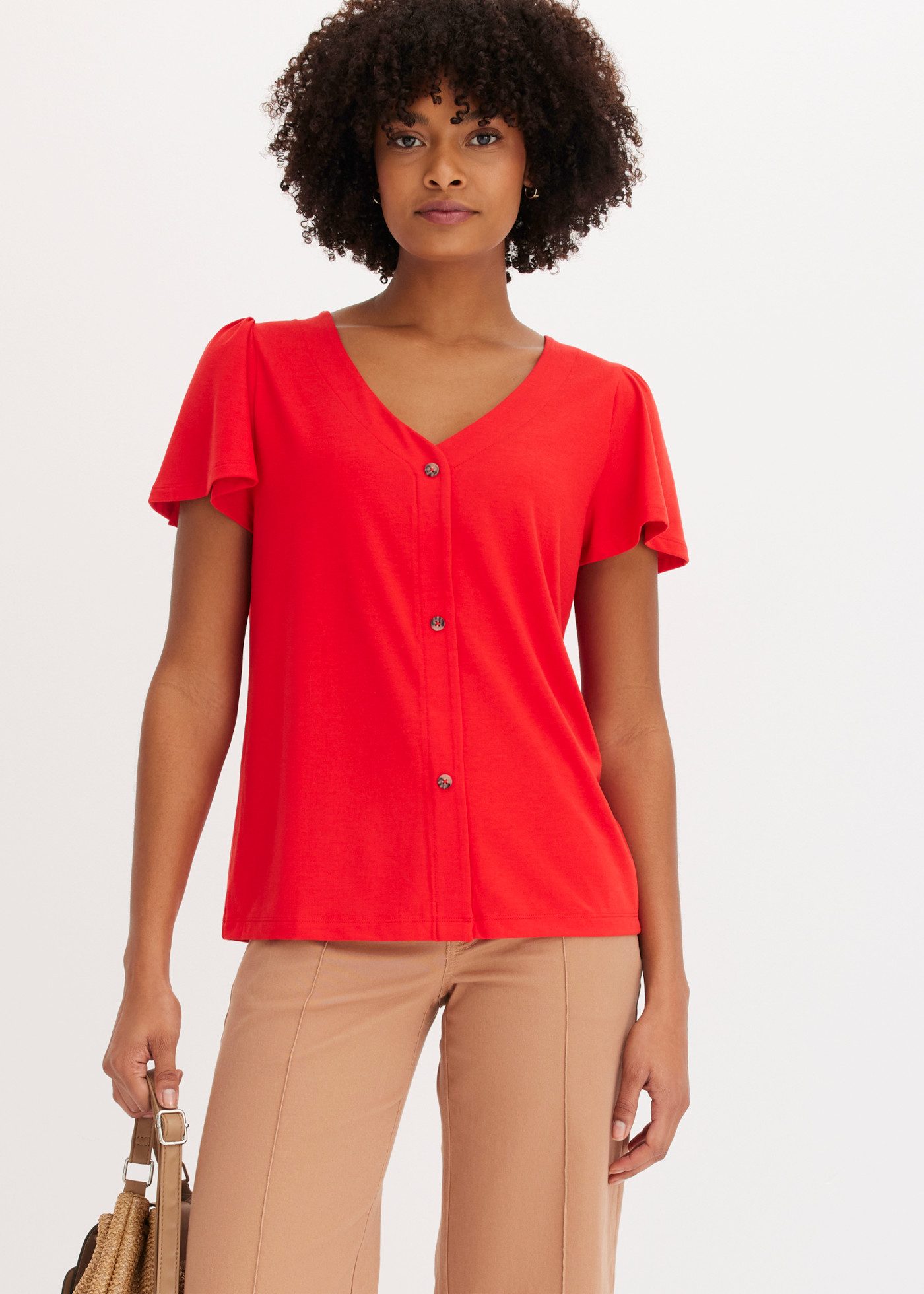 bonprix T-Shirt bequeme Passform, Kurzarm-Design, mit Knopfleiste