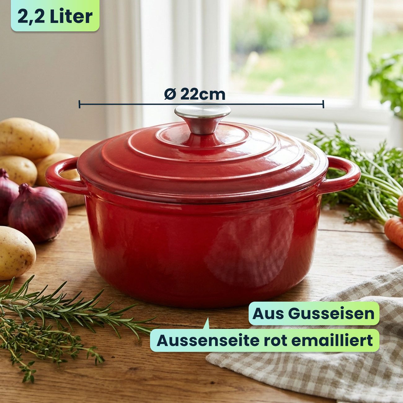 Casativo Schmortopf Gusseisen Topf mit Deckel 22cm Rund 2,2LBräter mit Deckel Rot, Gusseisen, backofenfest/Ø22 x H6,9 cm/3,7 kg/für Hobby-Köche
