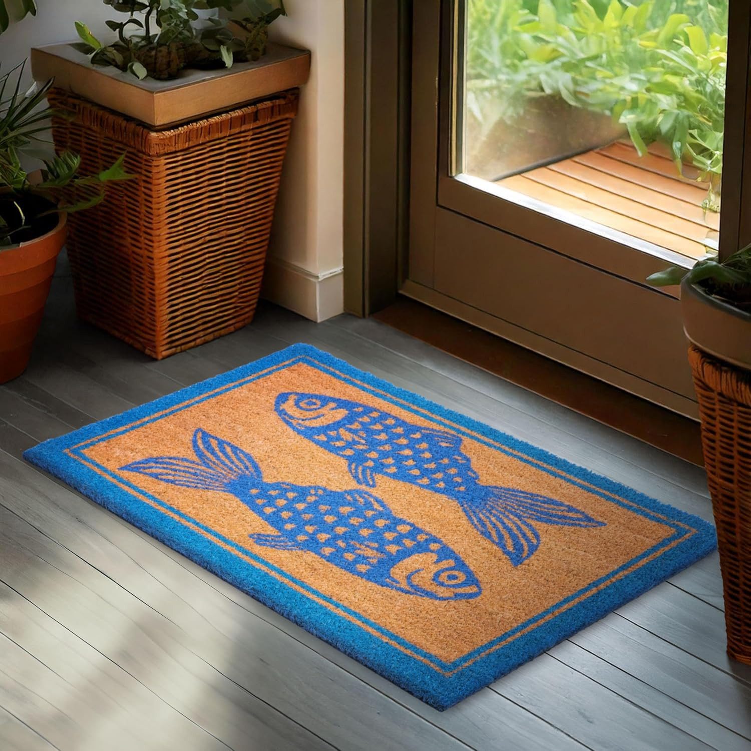 BRUBAKER Fußmatte Fische Blau - Schmutzfangmatte, Rechteckig, Höhe: 15 mm, Fußmatte für Außen und Innen - Wetterfest und Rutschfest - 45 x 75 cm