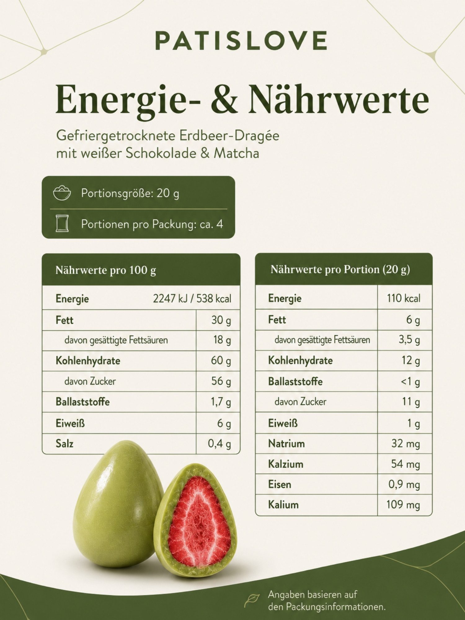 PATISLOVE Schokolade Matcha Erdbeer-Dragees gefriergetrocknet 80 g süßer Snack, 1 x 80 g, mit gefriergetrockneter Erdbeere, mit Matcha