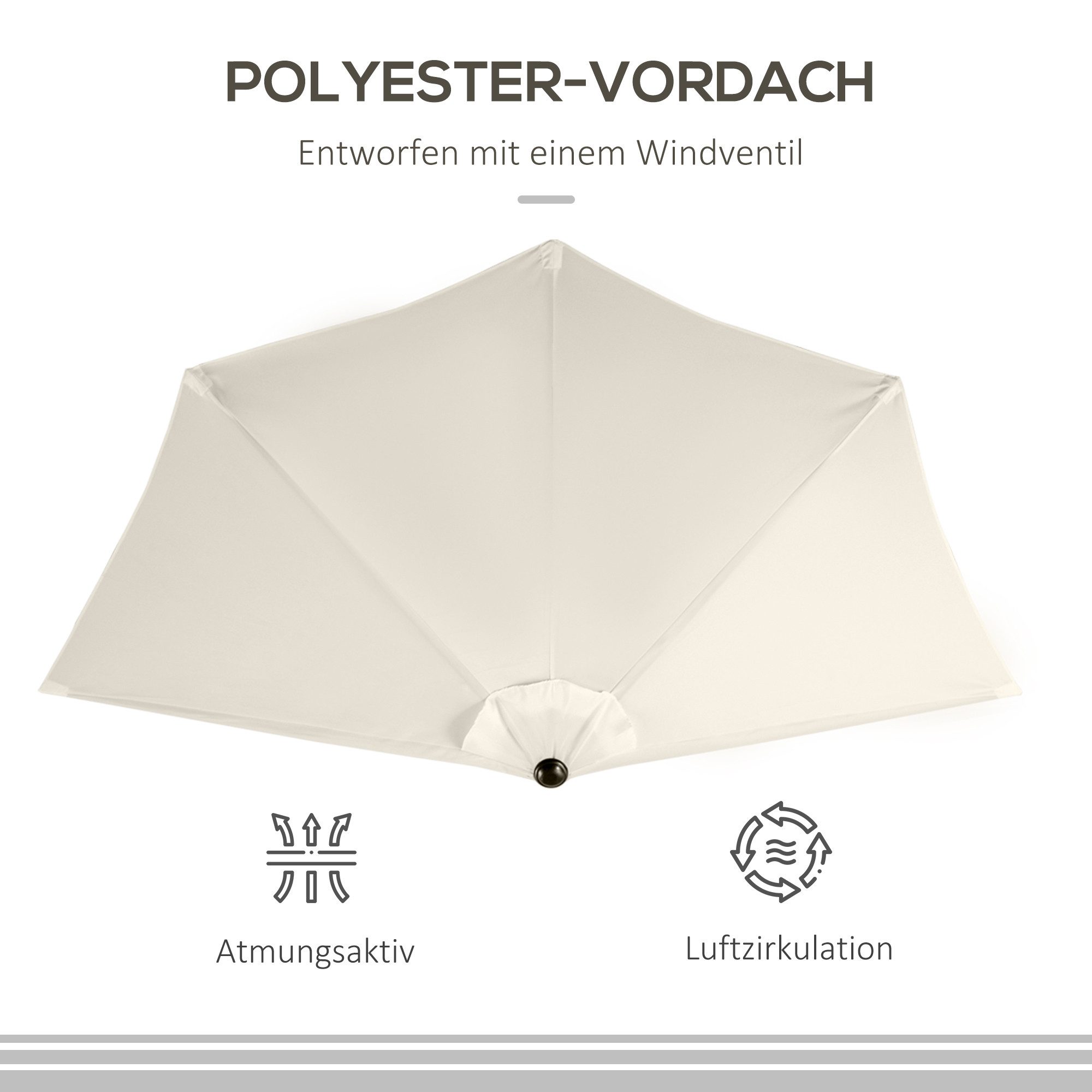 Outsunny Sonnenschirm Schirm Marktschirm, Metall, halbrund, LxB: 293x150 cm, Kurbelschirm, Gartenschirm, Cremeweiß+Schwarz