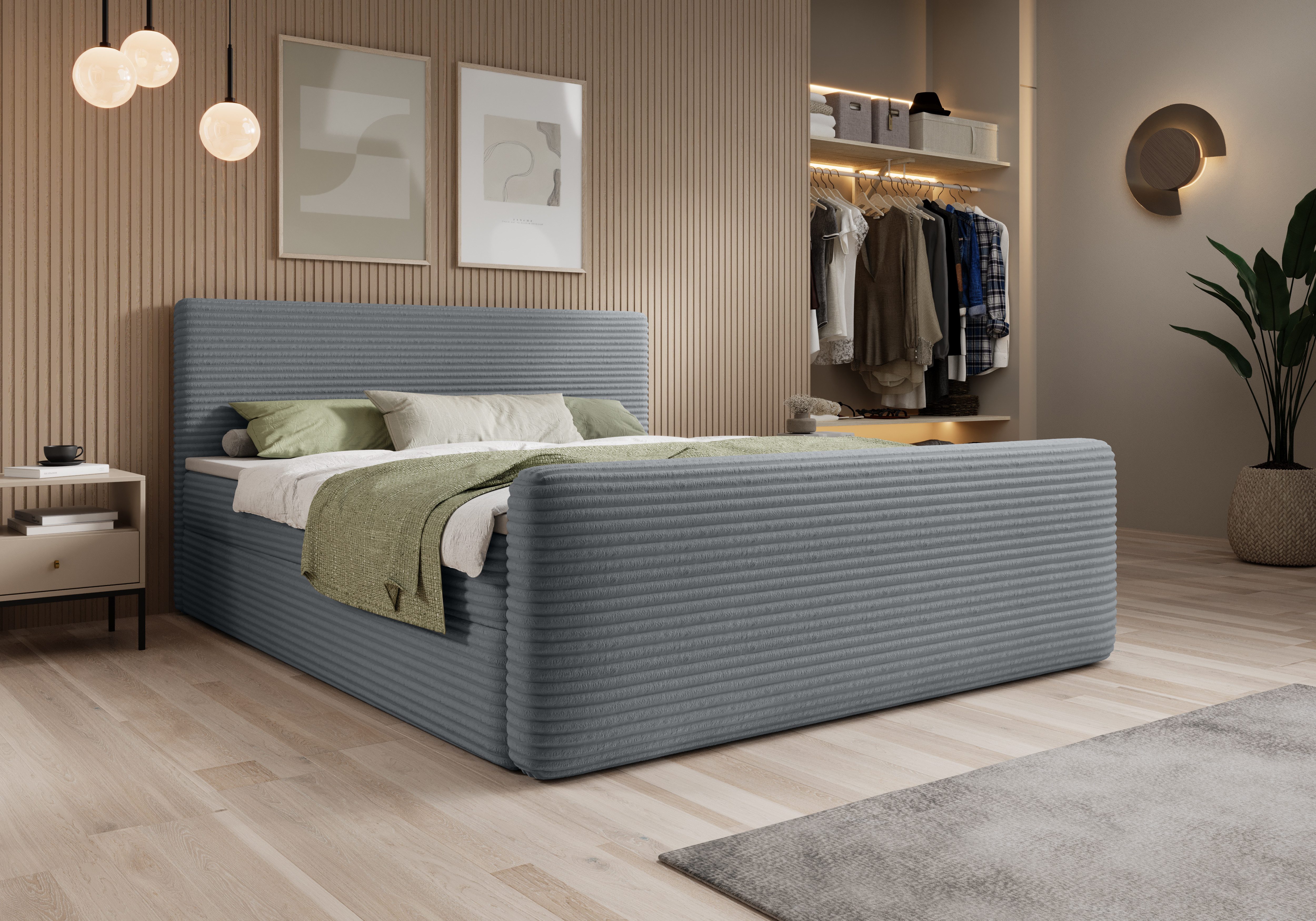 thematys Boxspringbett Cord mit Bettkasten 140x200–200x200 cm – Luxus Boxbett (Polsterbett Bonnellfederkern Matratze H3 + Gratis 3cm Topper, Doppelbett mit Stauraum)