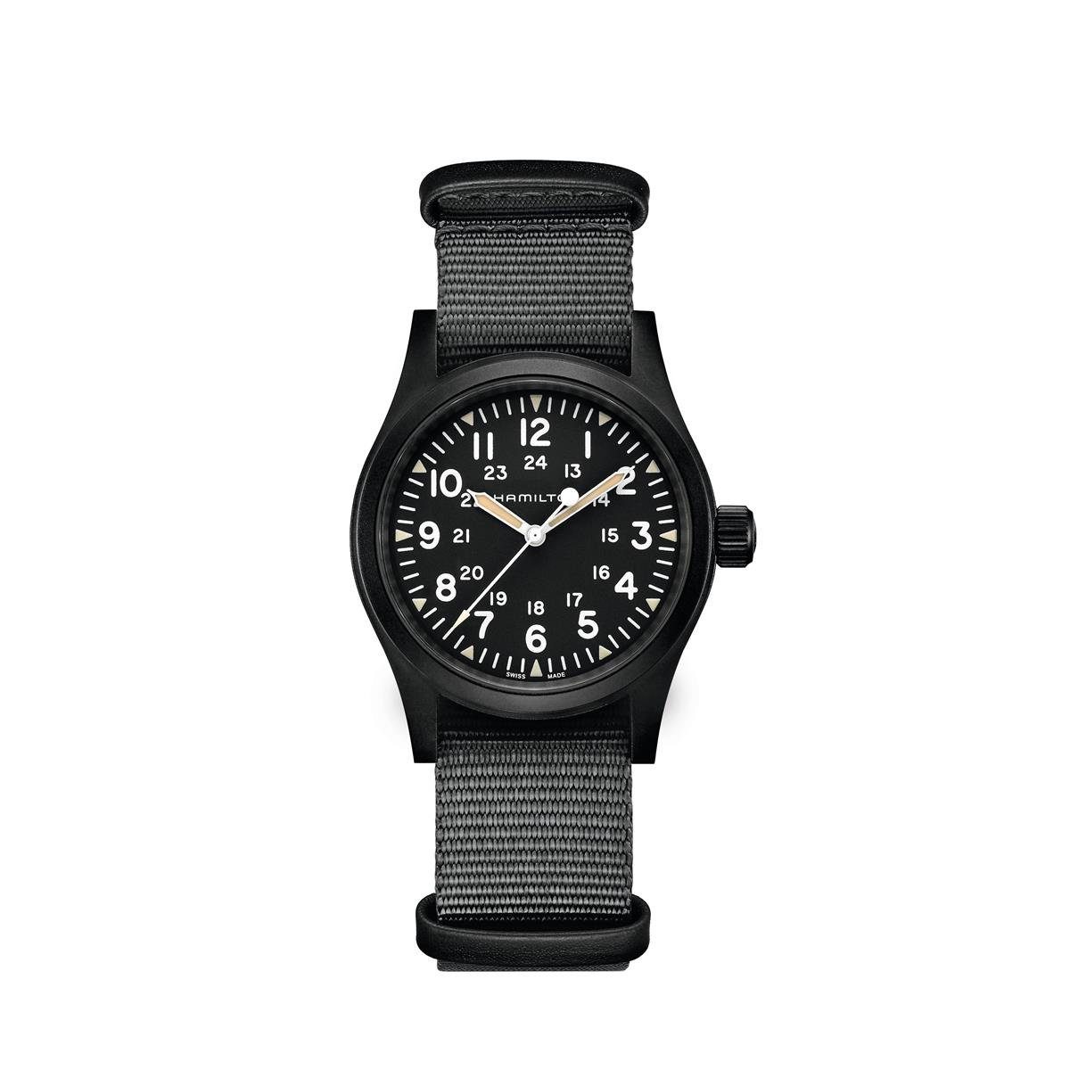 Hamilton Mechanische Uhr Hamilton Herren Uhr H69409930 Khaki Field Handaufzug, IP schwarz besch, (1-tlg)