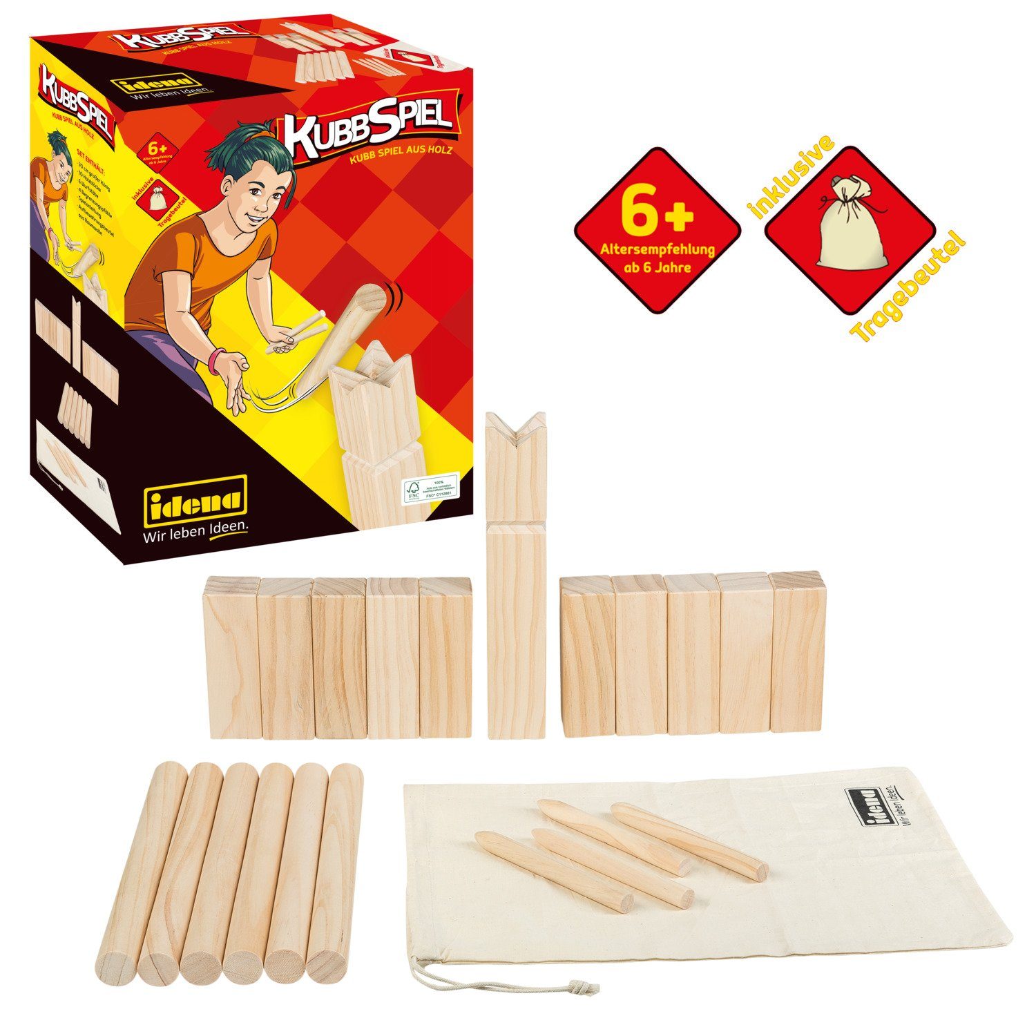 Spiel Idena 40175 - Kubb Spiel mit 10 Kubbs, 6 Wurfhölzern, König und 4