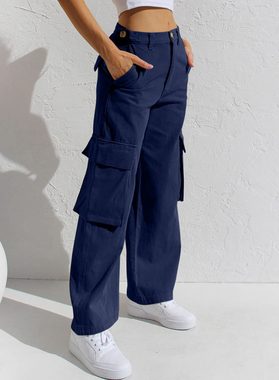 ZWY Gerade Jeans Workerjeans, Straight-Jeans Damen Hoher Taille Jeanshosen (1-tlg) Wide Leg Schlaghose Baggy Cargo Pants(7-tlg)