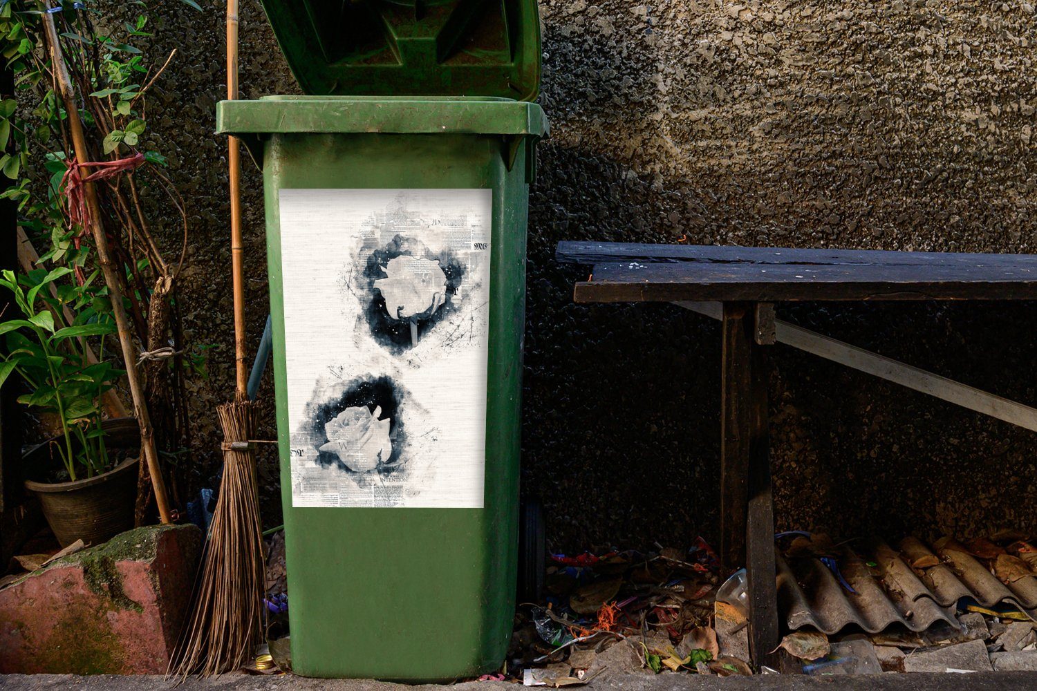 MuchoWow Wandsticker Weiß Blumen St), Mülltonne, Container, - Abfalbehälter Zeitungspapier (1 Sticker, - Mülleimer-aufkleber
