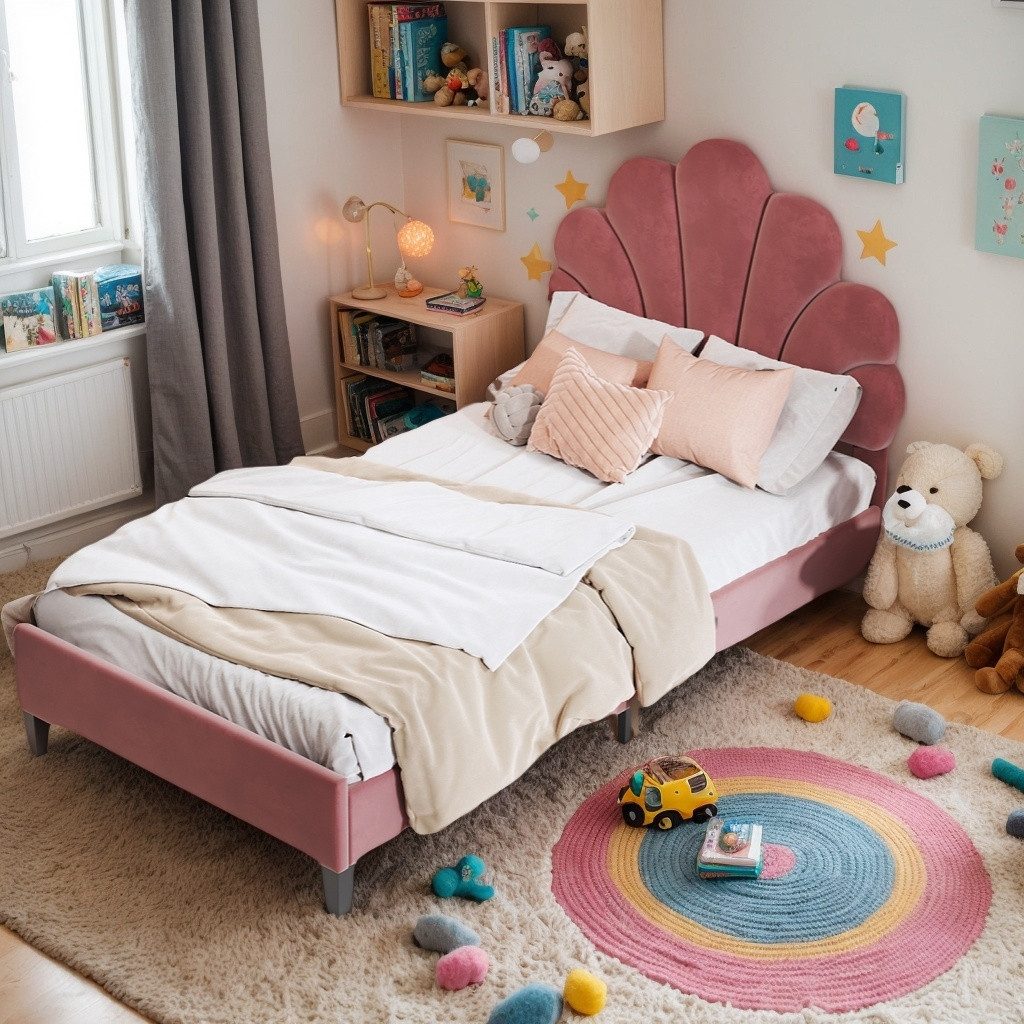 Simurq Einzelbett Polsterbett 90x200, Jugendbett, Einzelbett, Bettgestell, Gästebett, Mit Lattenrost, Blütenblattförmiges Kopfteil, Samt
