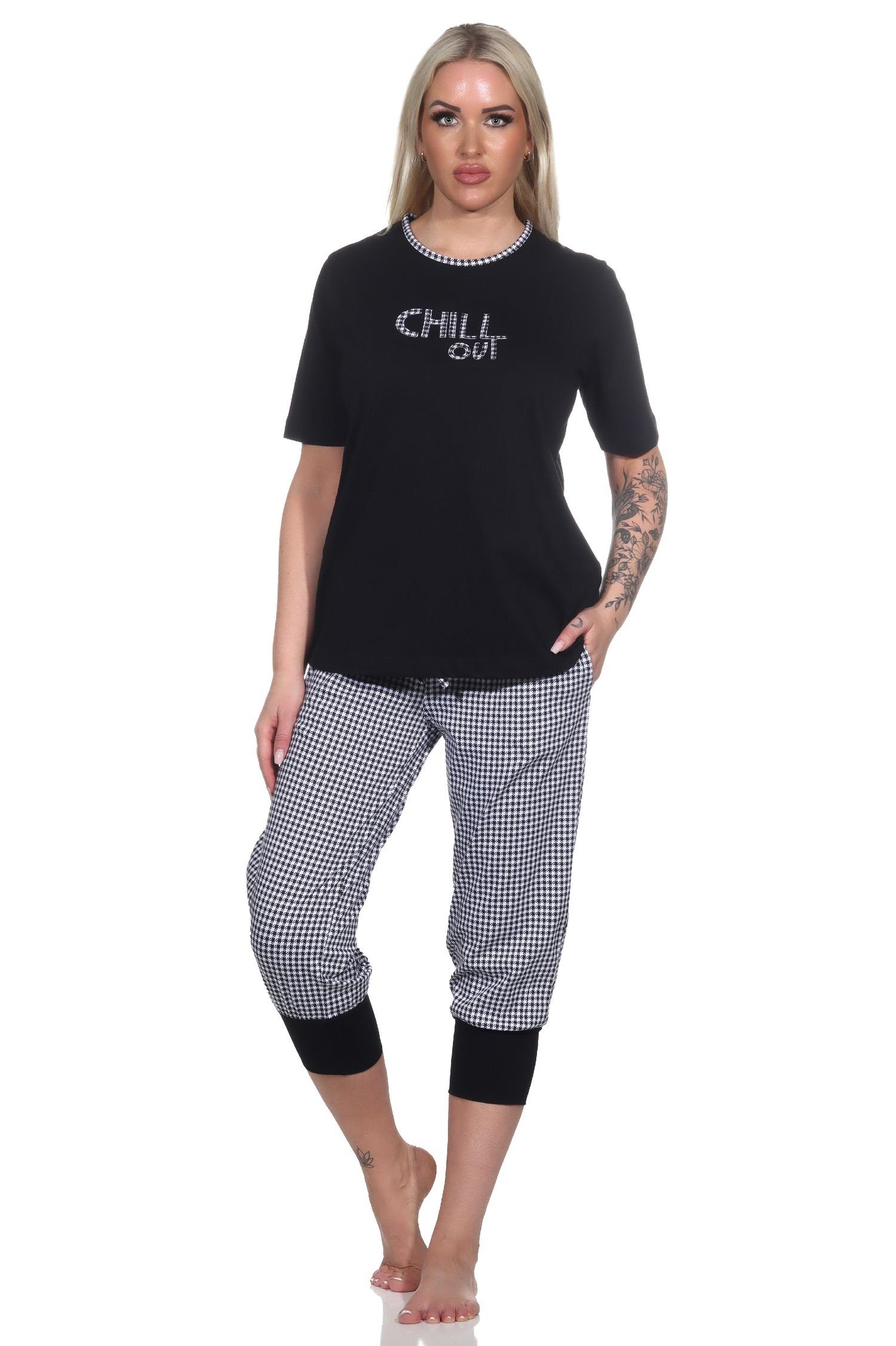 Pepita-Look, im kurzarm Pyjama auch schwarz Schlafanzug Normann Capri Übergrößen in Damen