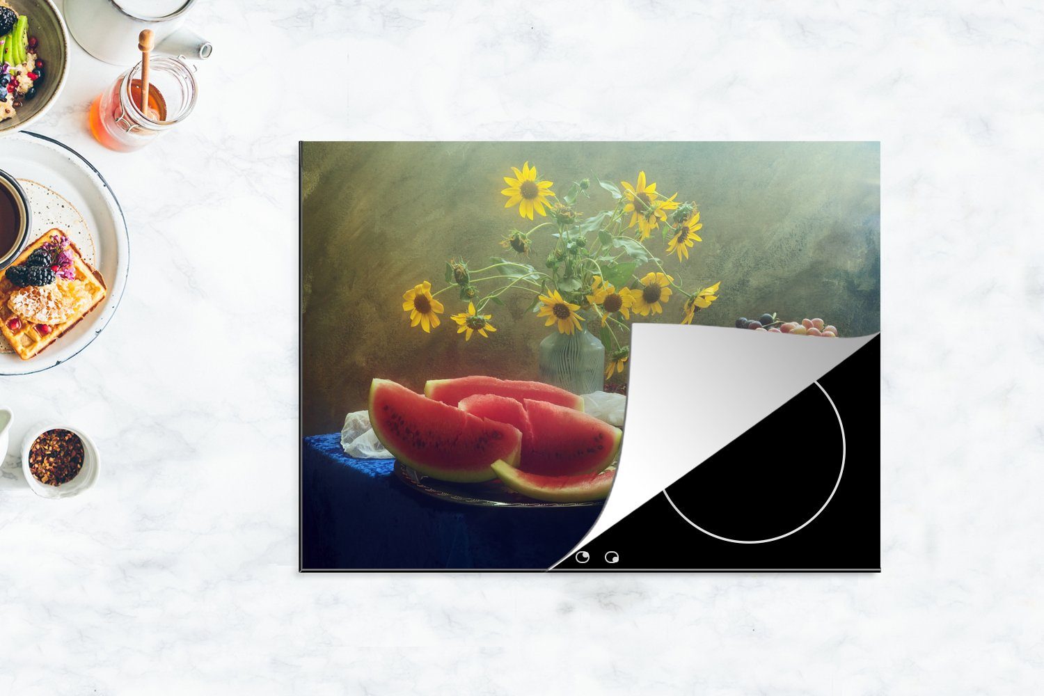 Obst tlg), Ceranfeldabdeckung Herdblende-/Abdeckplatte MuchoWow Vinyl, - Wassermelone 70x52 Arbeitsfläche -, Gemälde Mobile nutzbar, Sonnenblume - - Stillleben - cm, - (1 Vase