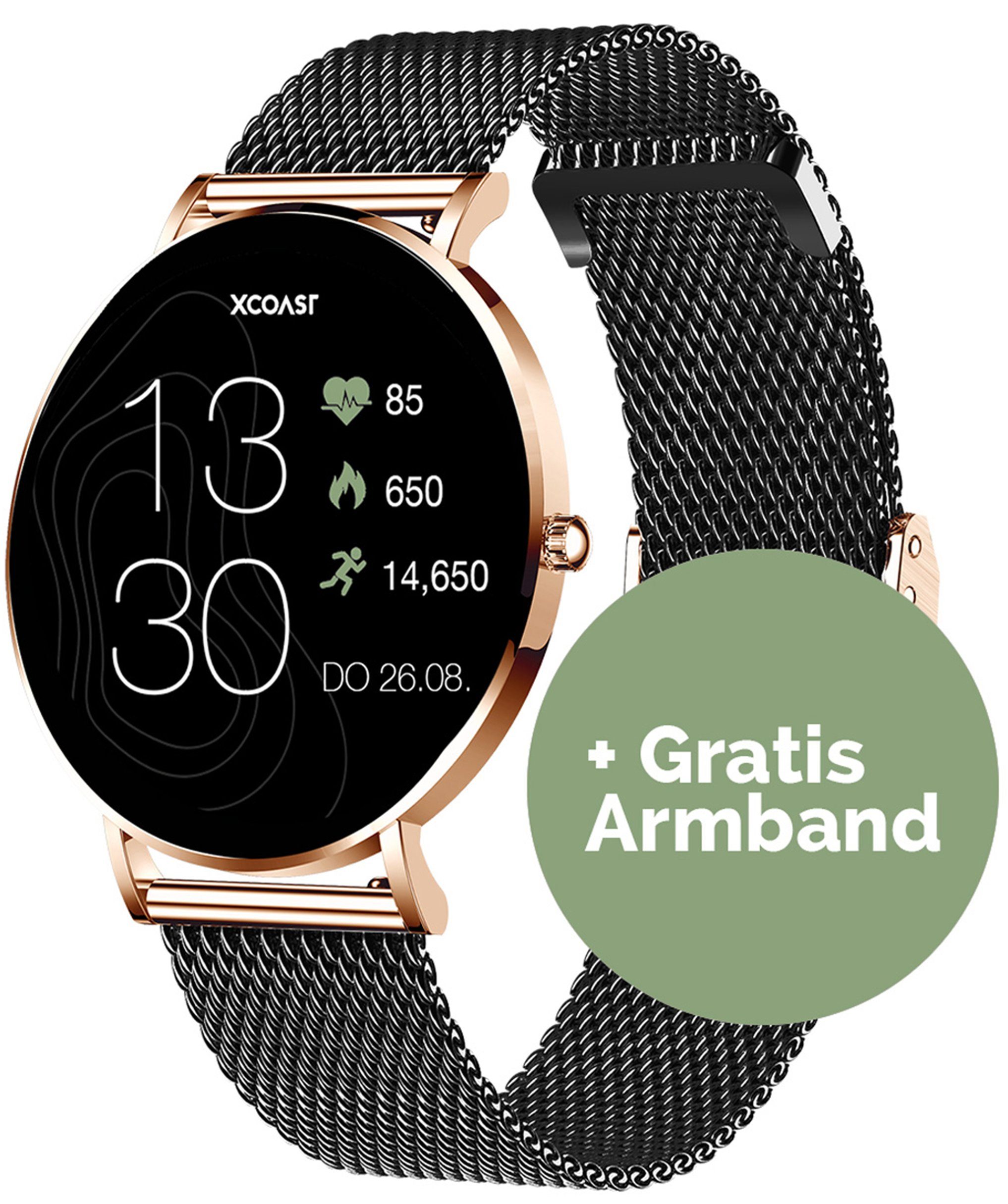 XCOAST SIONA 2 Damen Smartwatch (4,2 cm/1,3 Zoll, iOS und Android) Kostenloses Zusatzarmband enthalten / Gehäuse Rosegold (hell), 4-tlg., - 2in1 PROMOPACK (enthält 2 Mesh Armbänder: Schwarz und Rosegold) -, Wasserdicht/Flach/Puls/Blutdruck/Blutsauerstoff/Sport/Elegant