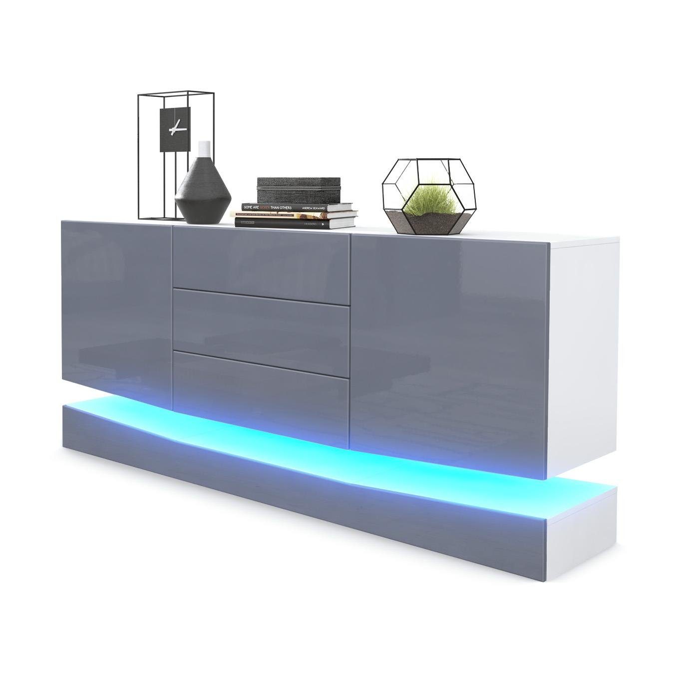 Vladon Sideboard City (Kommode mit 2 Türen, und 3 Schubladen inkl. LED-Beleuchtung), Weiß matt/Grau Hochglanz (178 x 72 x 38 cm)