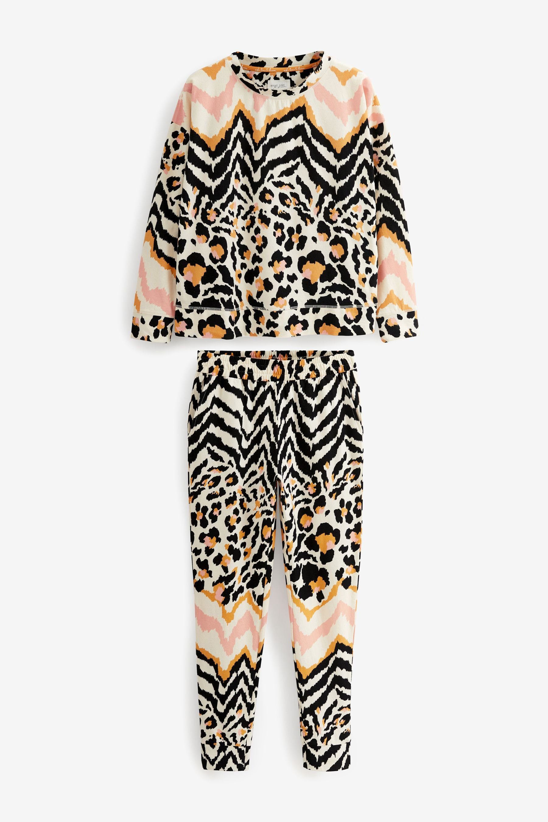 (2 Pyjama Ecru Next Baumwolle Langärmeliger Cream Leopard Pyjama aus tlg)