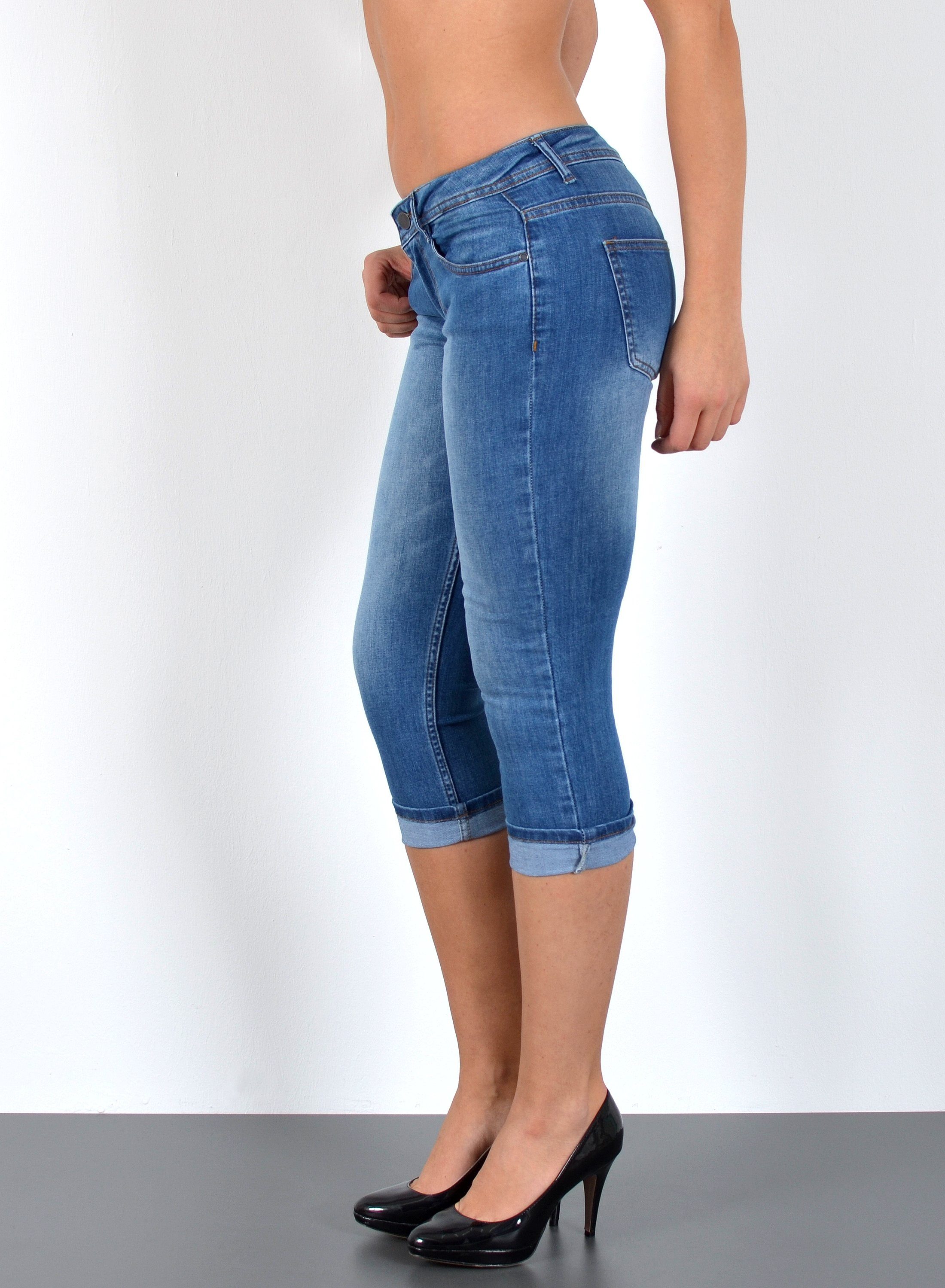 ESRA Caprijeans Damen 3/4 Jeans Hüftjeans niedrige Leibhöhe Damen 3/4 Hose Tief Bund Damen Capri Jeans Low Waist bis Übergröße Plus Size Große Größe Shorts – Bild 2 von 3
