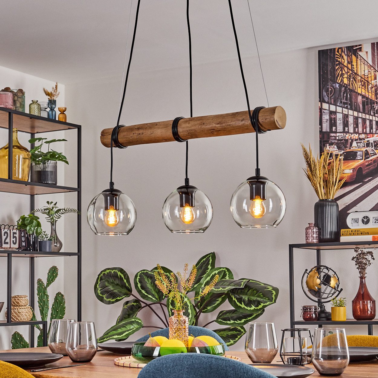 hofstein Pendelleuchte Hängelampe aus Metall/Holz/Glas in Schwarz/Naturfarben/Klar, ohne Leuchtmittel, Hängeleuchte im Boho-Design mit Glasschirmen und Holzbalken, 3 x E27