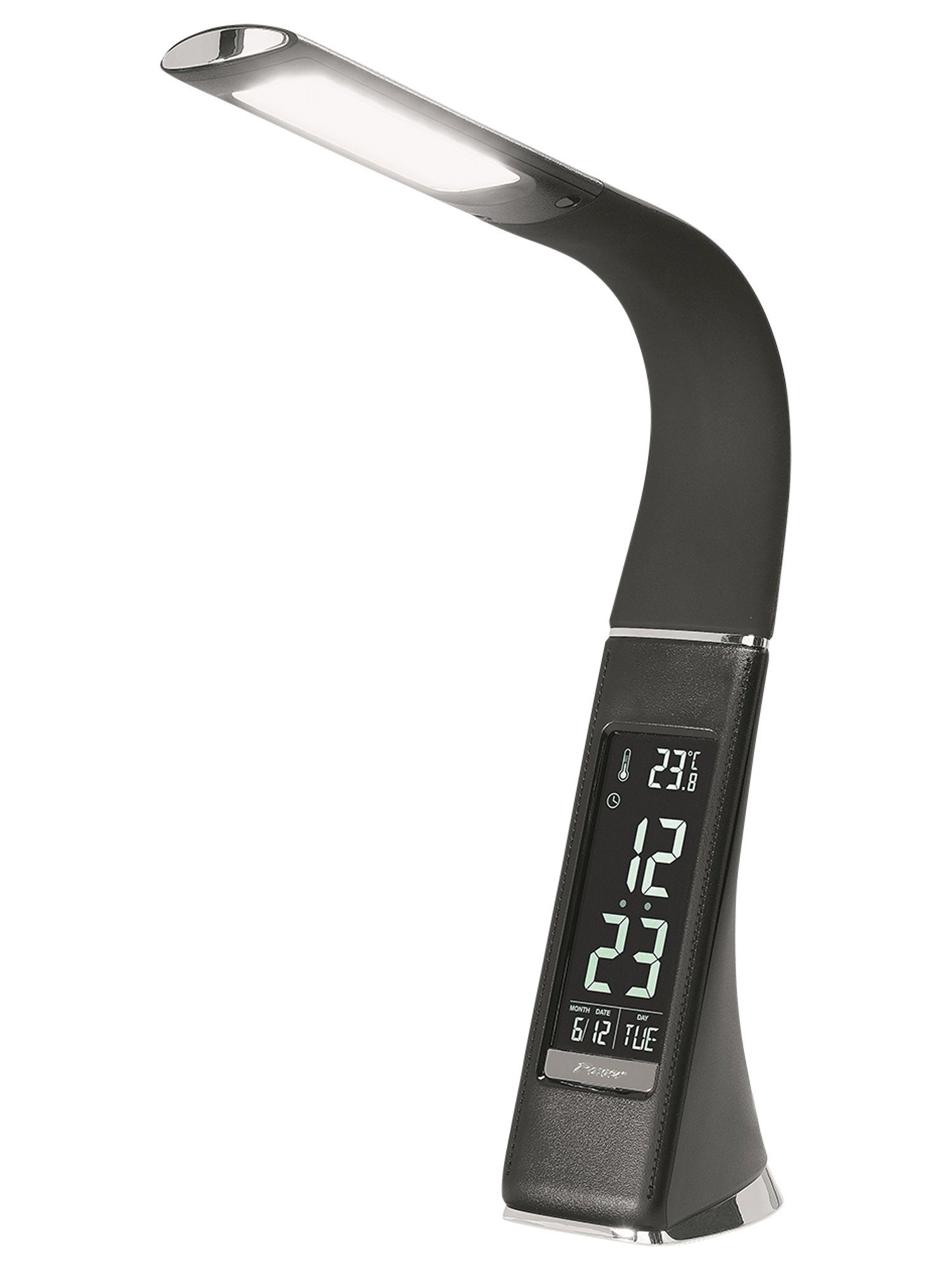 casa NOVA LED Schreibtischlampe SWING, 1-flammig, H 42 cm, Schwarz, Kunststoff, Dimmfunktion, Alarmfunktion, Temperaturanzeige, Kalender, LED fest integriert, Tageslichtweiß, Touchsensor, Timerfunktion