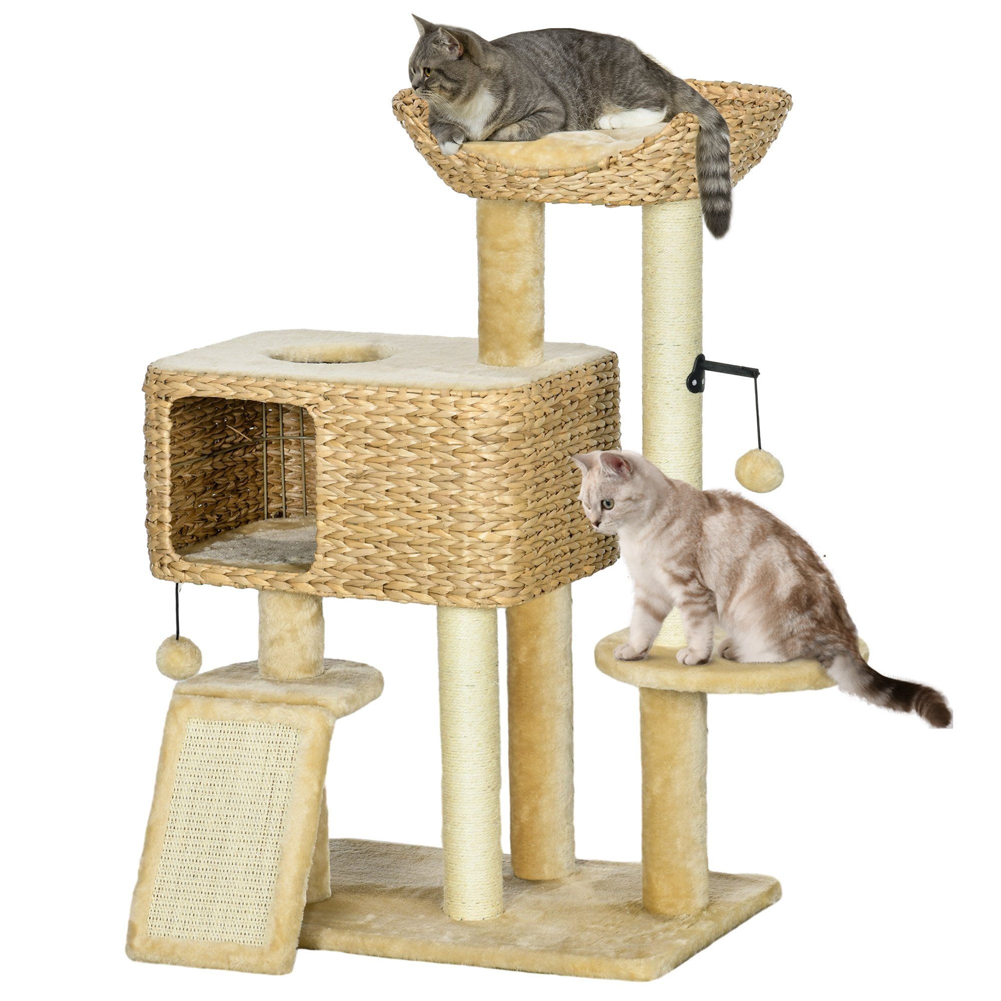 PawHut Kratzbaum Katzenbaum mit 2 Leigefläche Katzenmöbel Wasserhyazinthe, Sisal, Beige, 60L x 40B x 98H cm