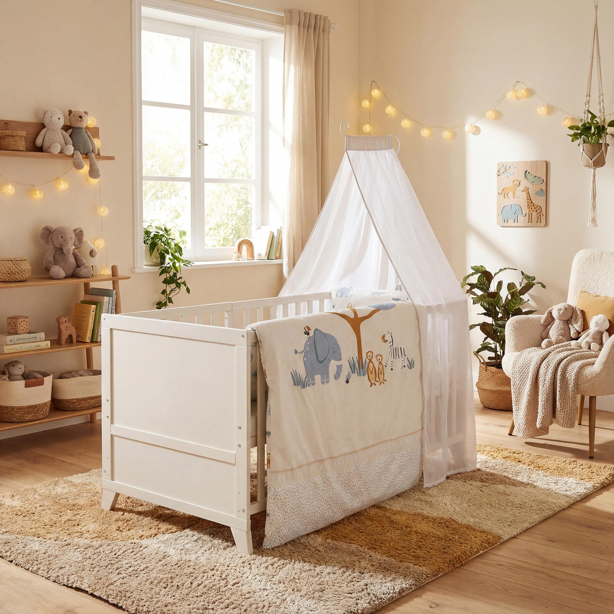 roba® Komplettbett Savanna Friends oder Woodland Buddies 70x140 cm - niedliche Designs, mit Bettwäsche, Himmel & Matratze - Mitwachsendes Babybett - Naturgrau