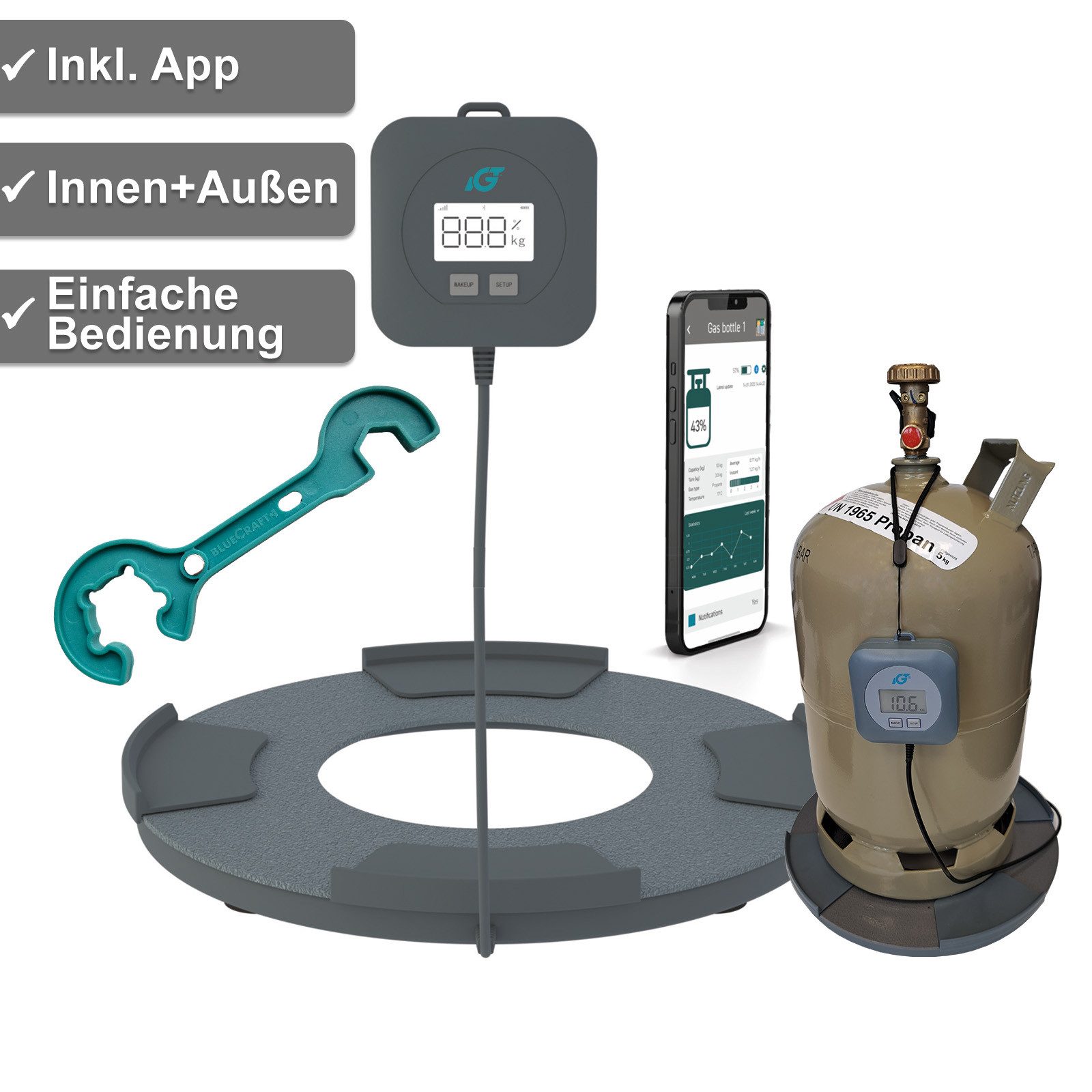 BlueCraft Druckregler Gasflaschen-Waage für Gasflasche 5 kg 8 kg 11 kg, Gas-Füllstandsanzeiger Gaswaage