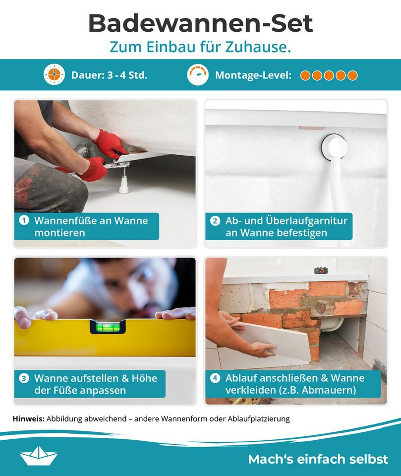 Thumbnail - Calmwaters Badewanne Essential Small, Weiß, 160 x 70 cm, Wannenfuß, Ablaufgarnitur, 99000322